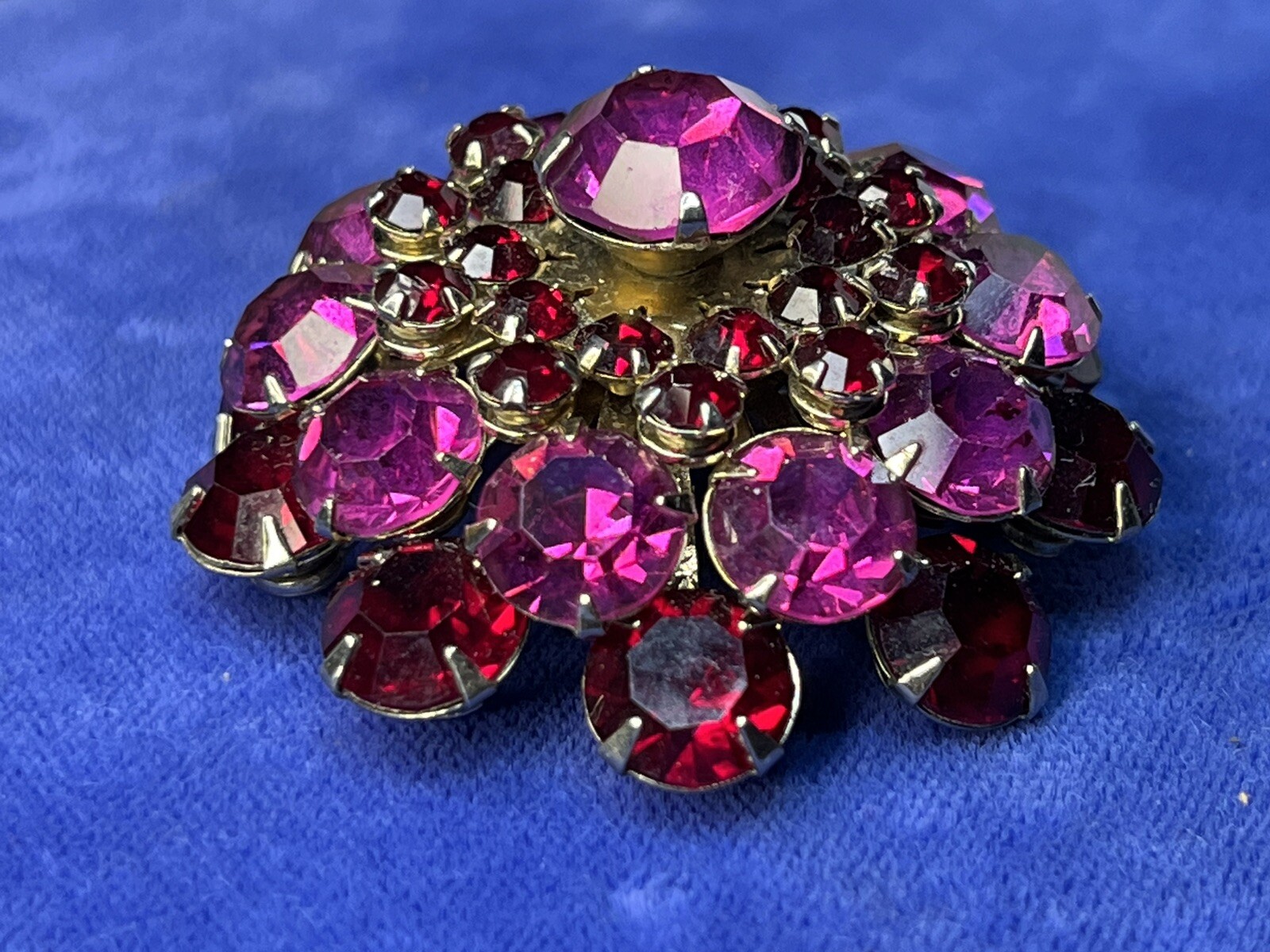 Vintage Rhinestone Dome Brooch Crystal Fuchsia Pink Red Garnet Layered Earrings