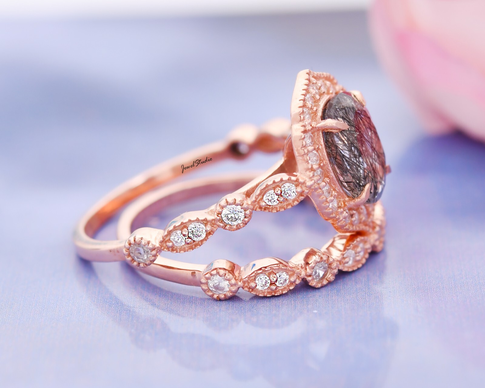2PCS Black Rutile Ring Engagement band Ring Bridal Ring Black Diamond Ring Gifts
