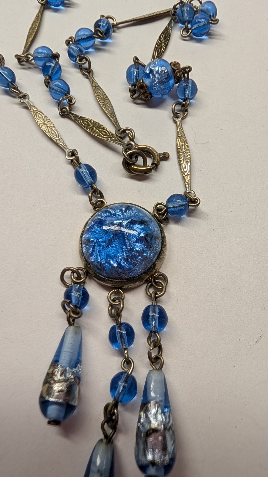 Vintage Czech ART DECO sky blue & silver foiled glass bead dangle drop necklace