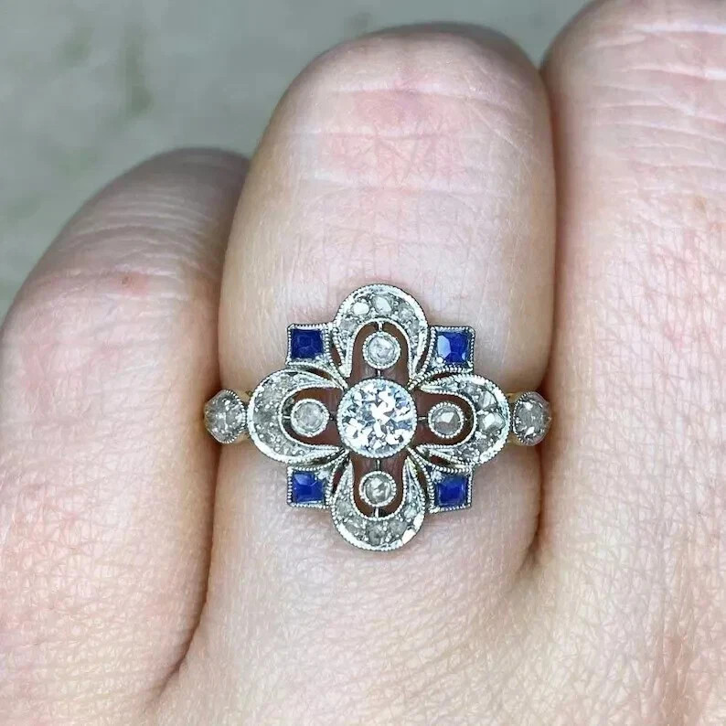 1920s Edwardian Vintage Art Deco Filigree Sapphire Diamond Engagement Gift Ring