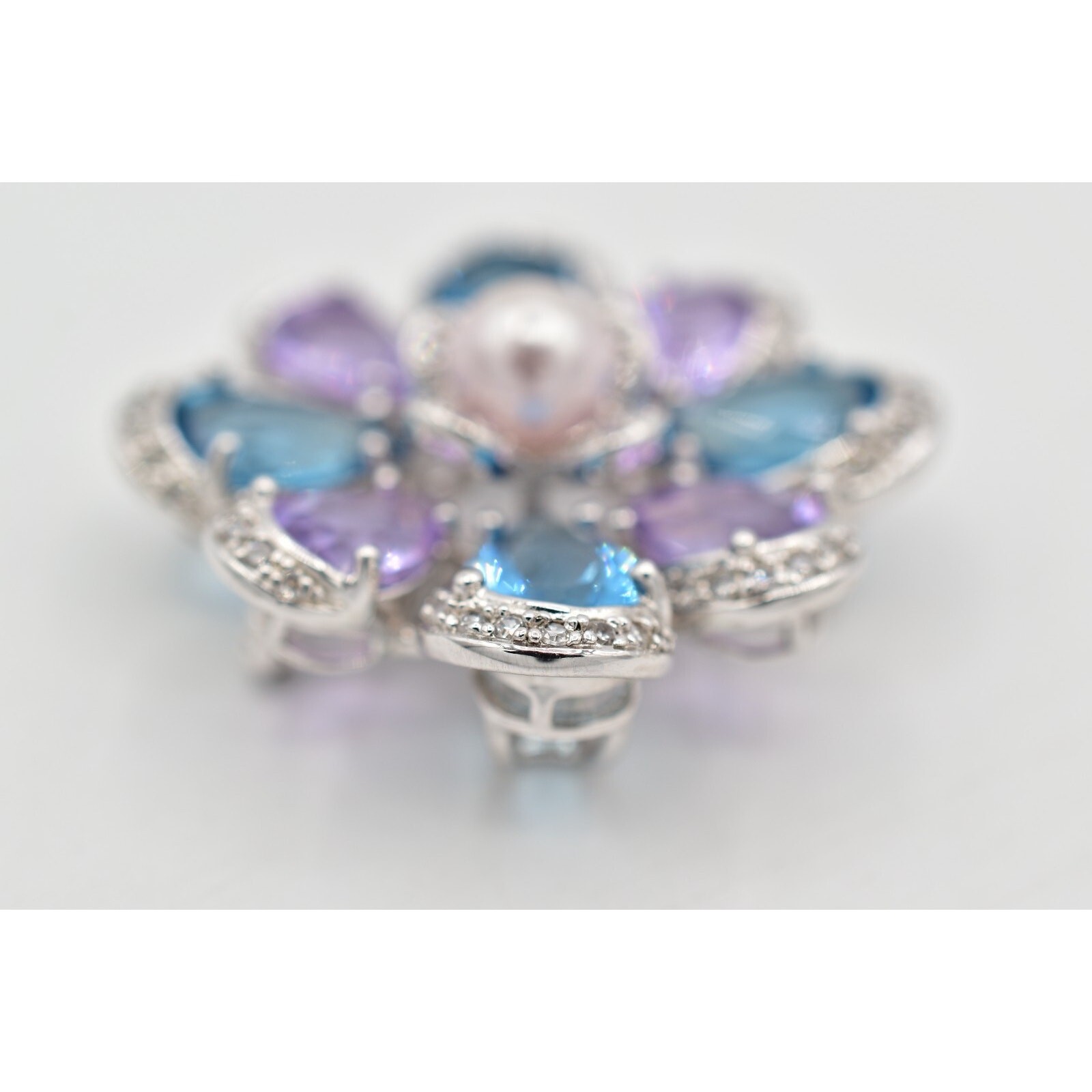 925 Sterling Silver Crystal Flower Pendant Pin Brooch Purple Blue Signed BinBI