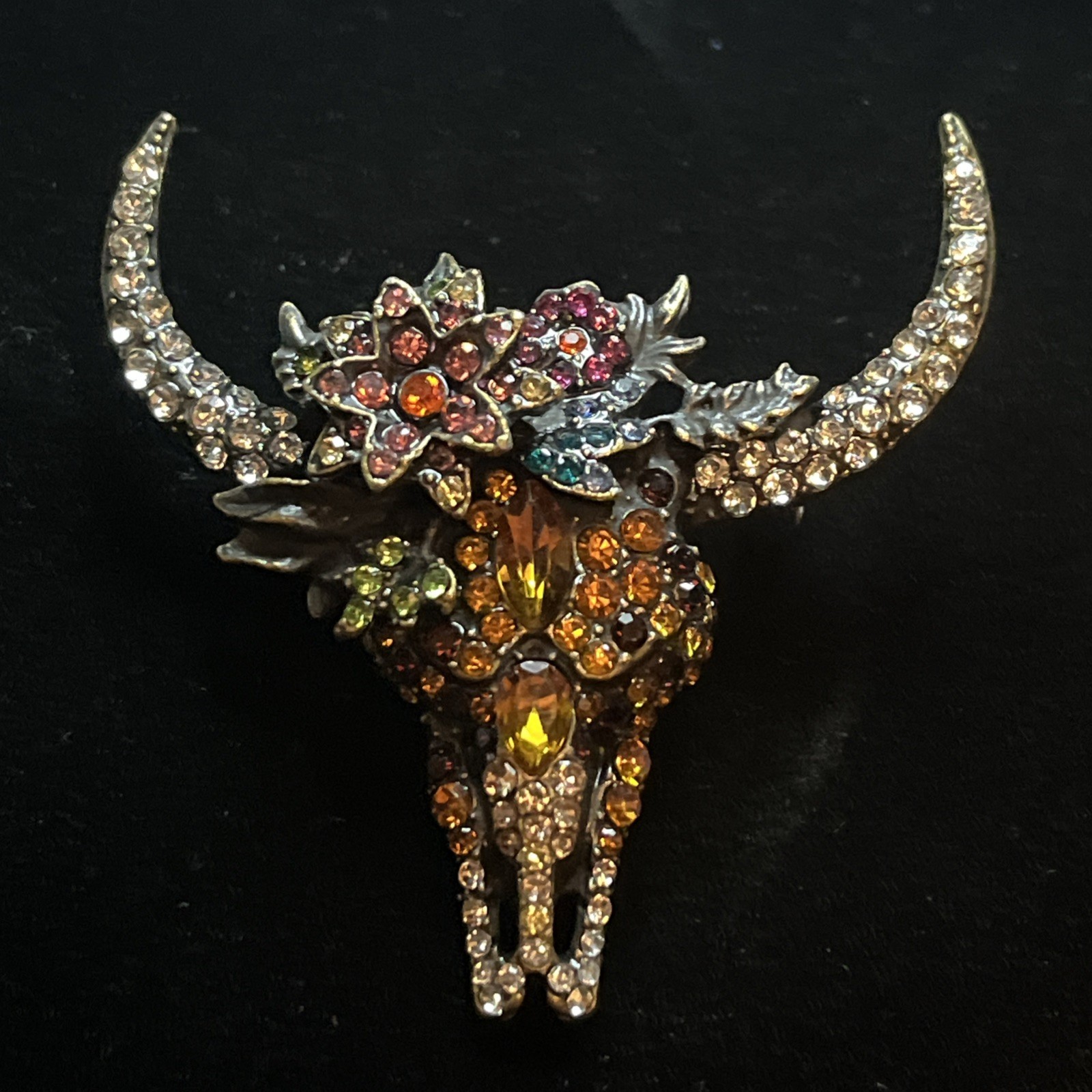 Southwestern Longhorn Floral Rhinestone Brooch Cowgirl Style