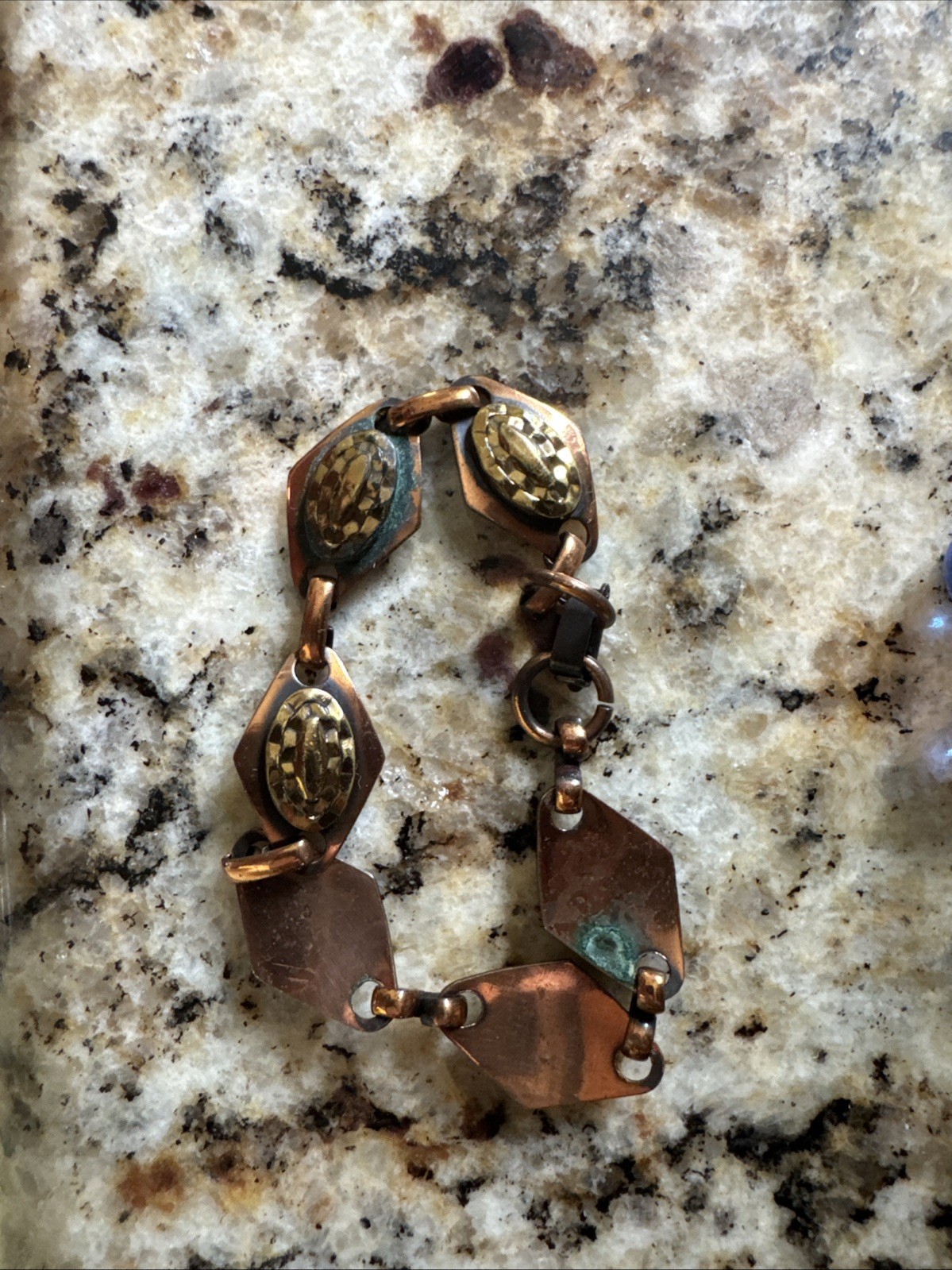Vintage Copper Diamond Link Bracelet Textured Gold Tone Oval Accents Boho Retro