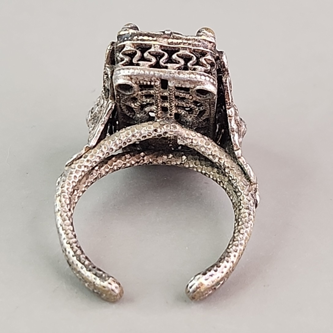 Filigree Statement Cuff Ring Brass Silver Tone Rectangle Heavy 7.5