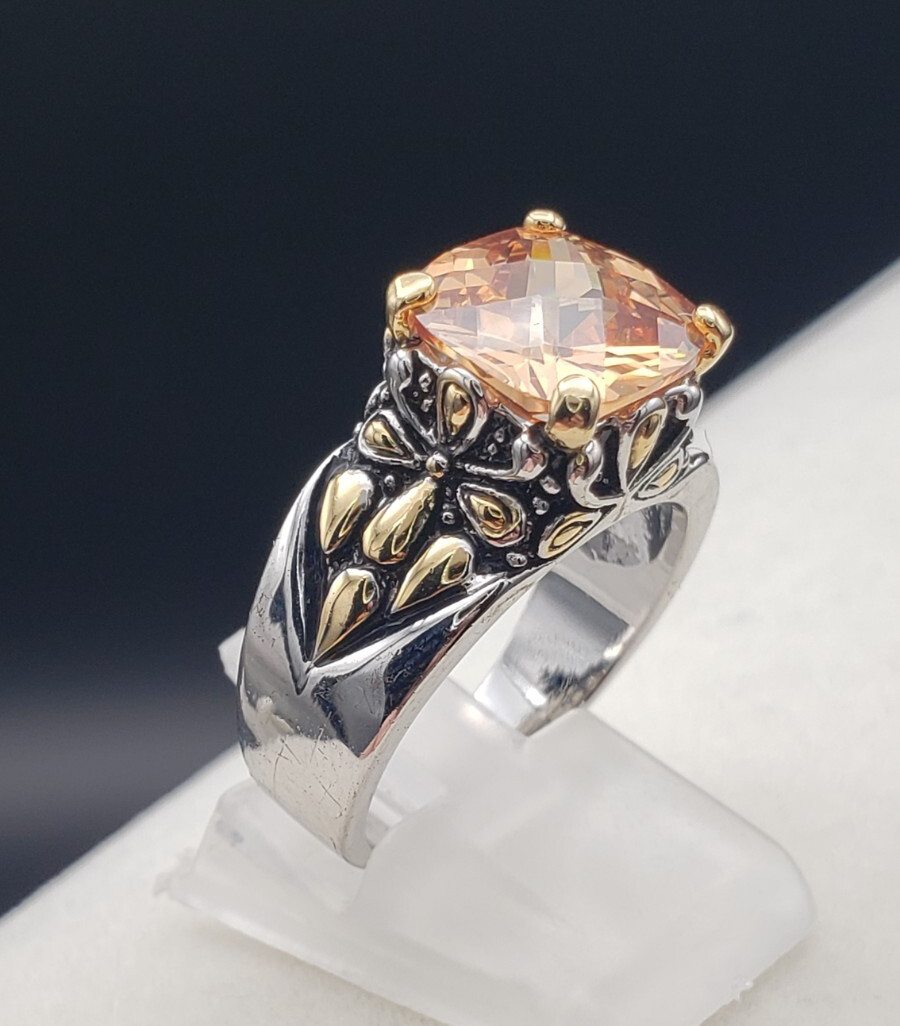 Vintage 18K White Gold Plated Cushion Cut Champagne CZ Floral Ring Size 7.75
