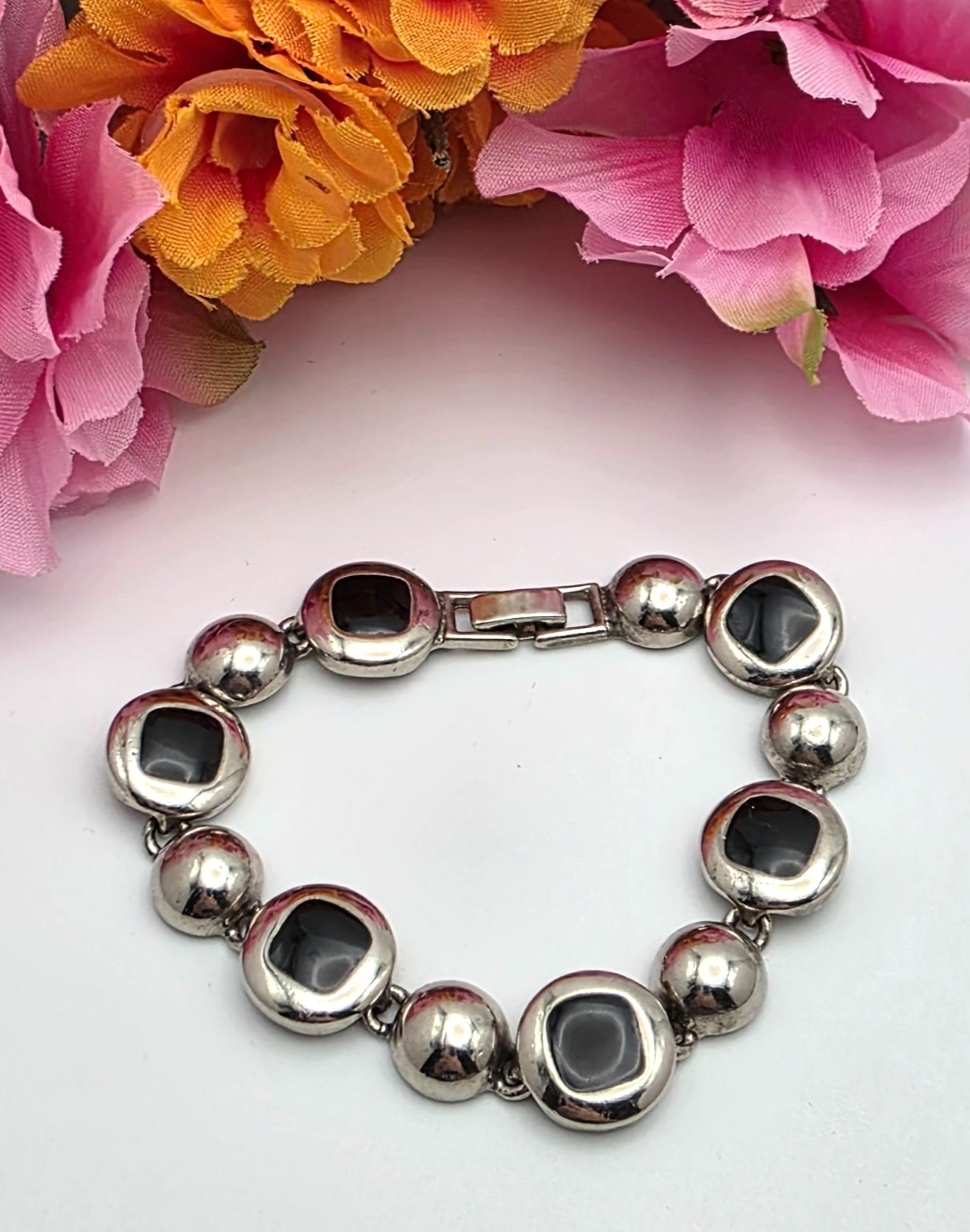 Vintage Silver Tone Black Enamel Link Bracelet Chunky Modernist 7in