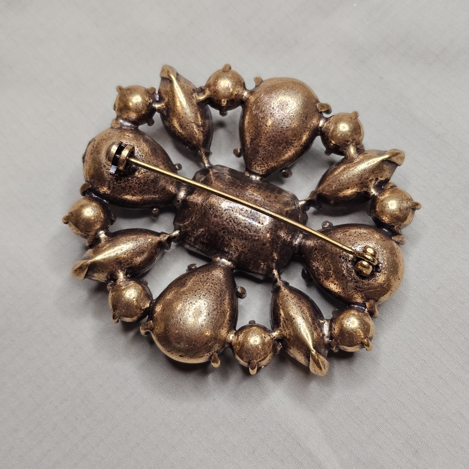 Victorian Style Gold Tone Blue, Green & Violet Rhinestone Brooch Pin