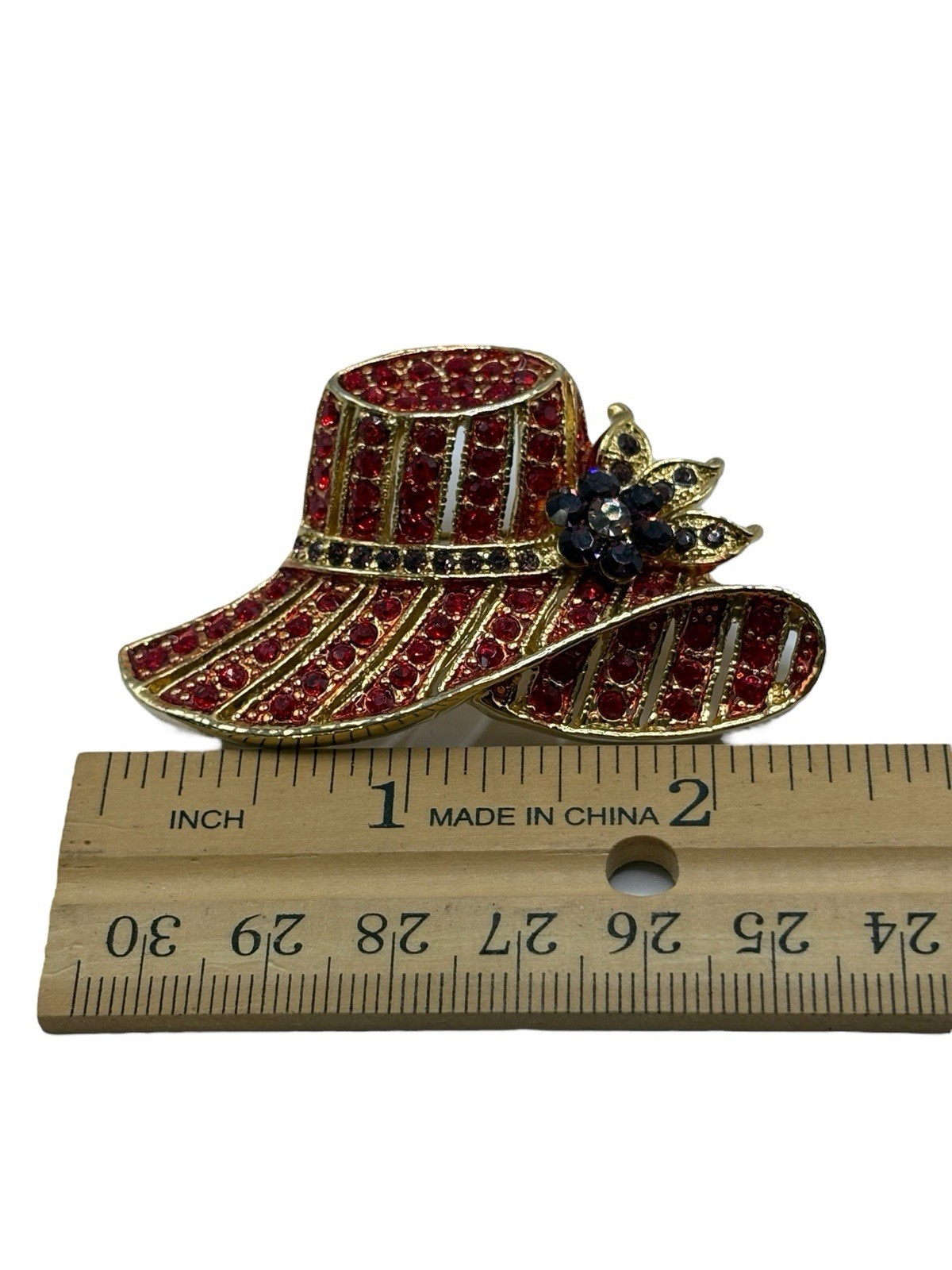 Vintage Red Hat Society Brooch Pin Red & Purple Rhinestones Gold Tone Flower