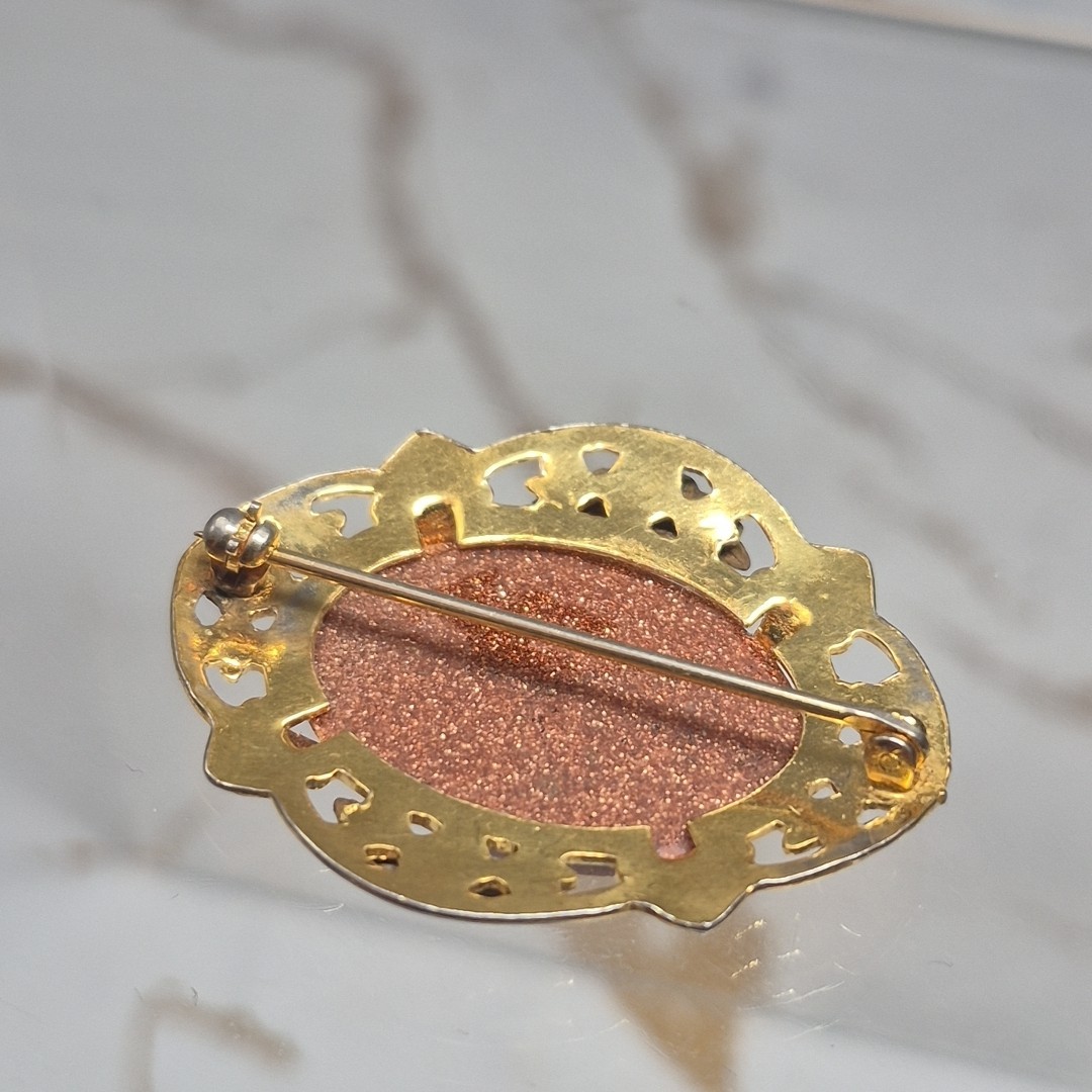 Vintage Unmarked Tri Gold Filled GF Orange Goldstone Flower Brooch Pin