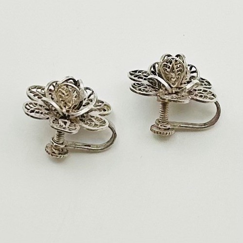 Antique 800 Silver MEXICO Cannetille Filigree Flower Screw-Back Earrings Signed
