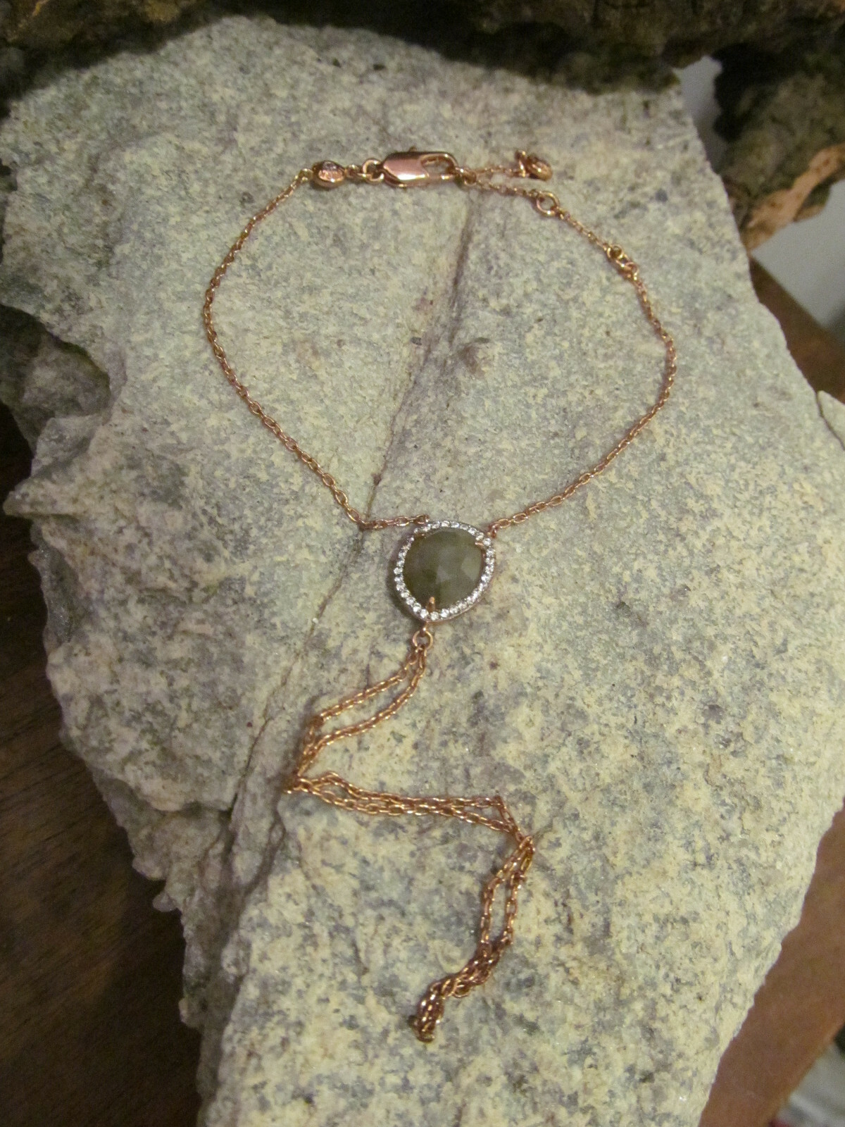 HENRI BENDEL Rose Gold tone Labradorite stone Finger Chain Bracelet