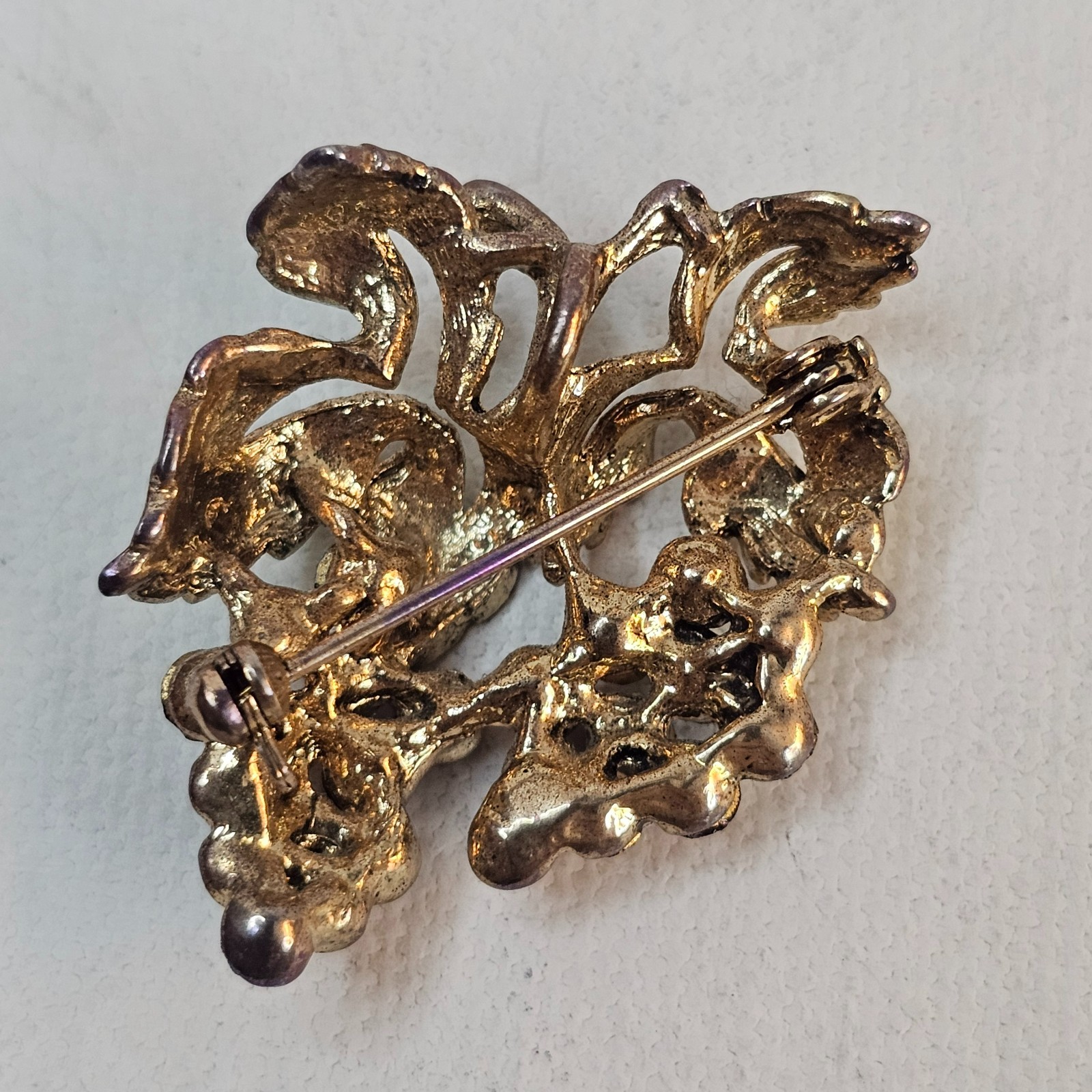 Grape Cluster Scatter Brooch Purple AB Rhinestones Green Leaves Unmarked Pin