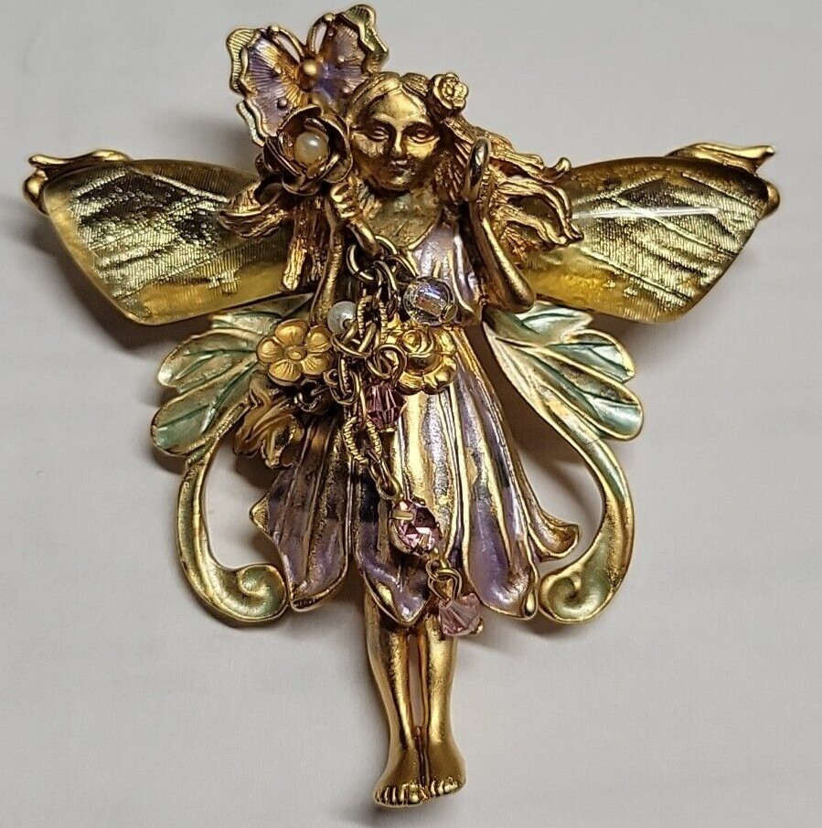 Vtg Kirk’s Folly Enamel Primrose Flower Magic Garden Fairy Brooch Pin Pendant