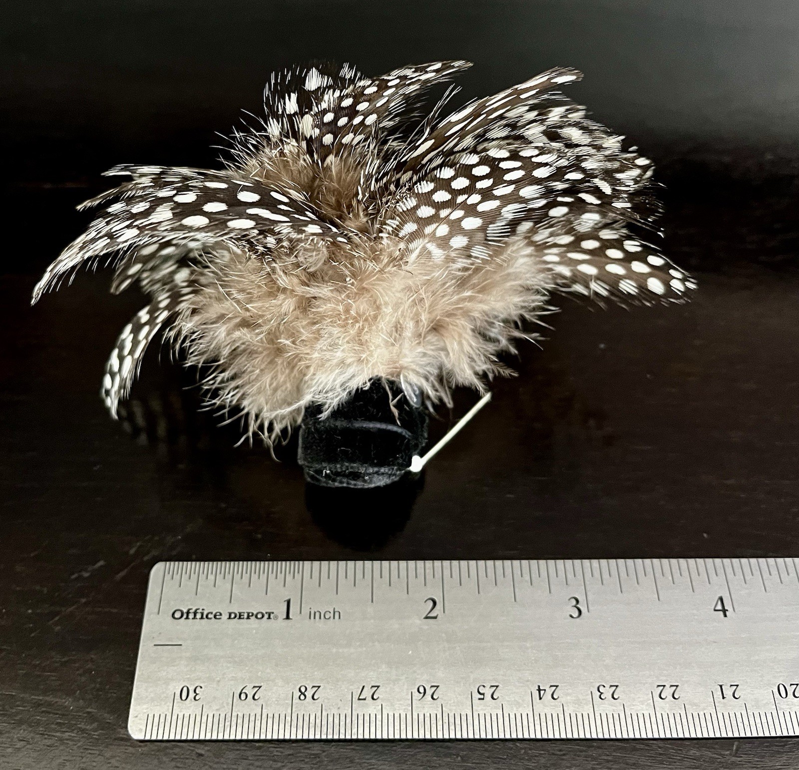 Karin’s Garden Stamped Hens Fowl Black/White Feather & Velvet Flower Brooch