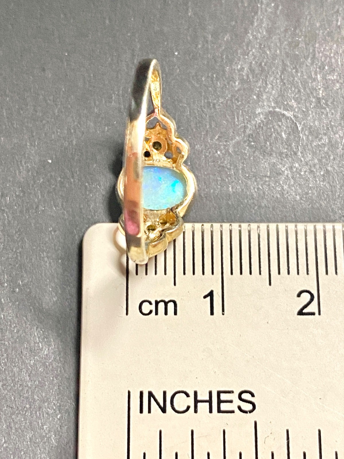 Vintage 14k Yellow Gold Heart Design Opal and Green Diamond Ring Size 7 to 7.25