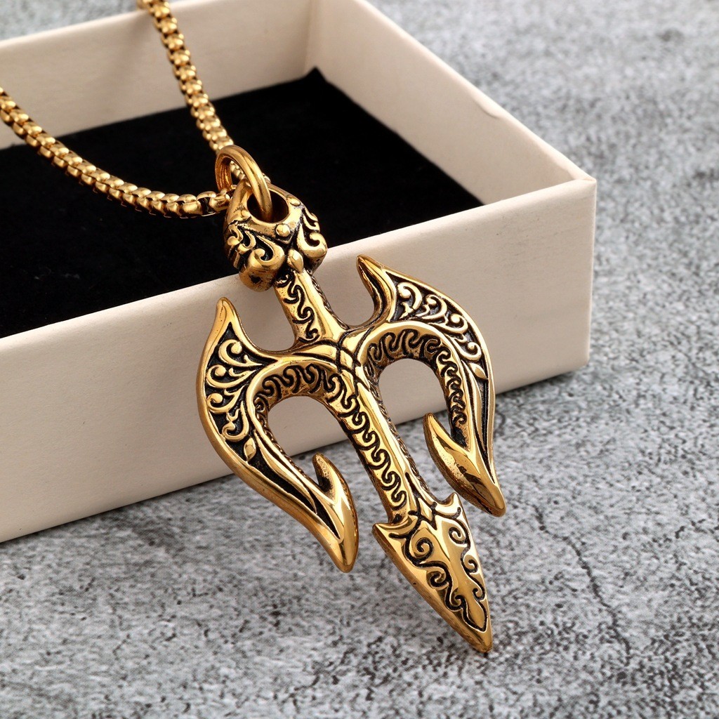 Stainless steel men’s trident pendant necklace