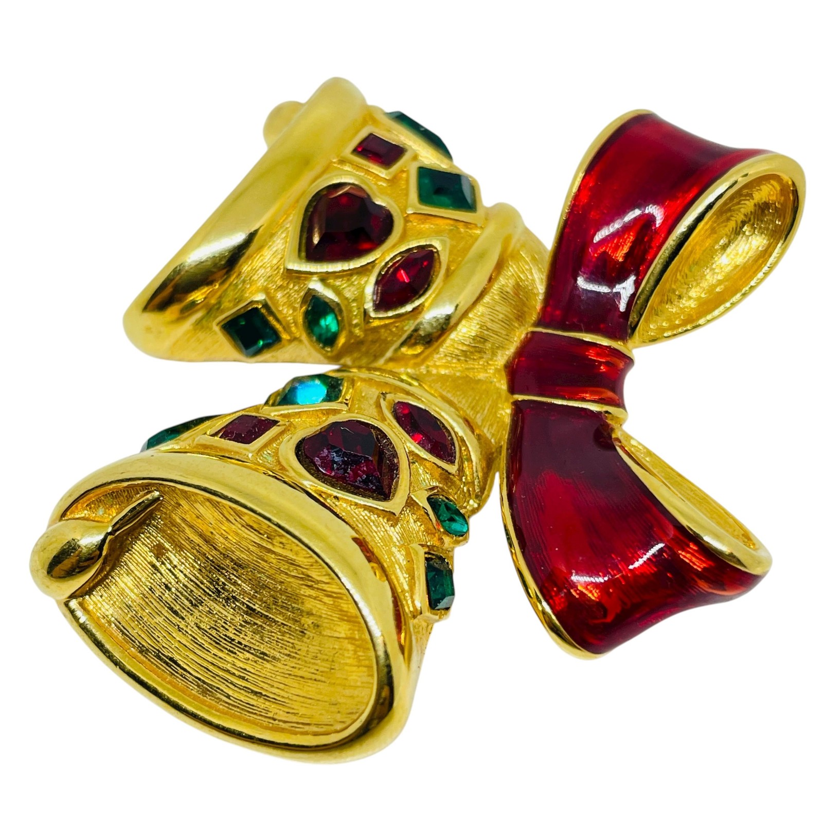 Vintage gold tone rhinestones enamel Christmas holiday bells bow designer brooch