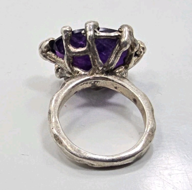 Beautiful Vintage Sterling Silver 925 Brutalist Amethyst Ladies Ring Size 5