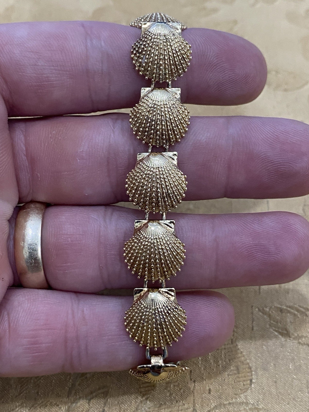 Vintage Gold Over Sterling Silver Designer Signed Touch Seashells Bracelet 7.25