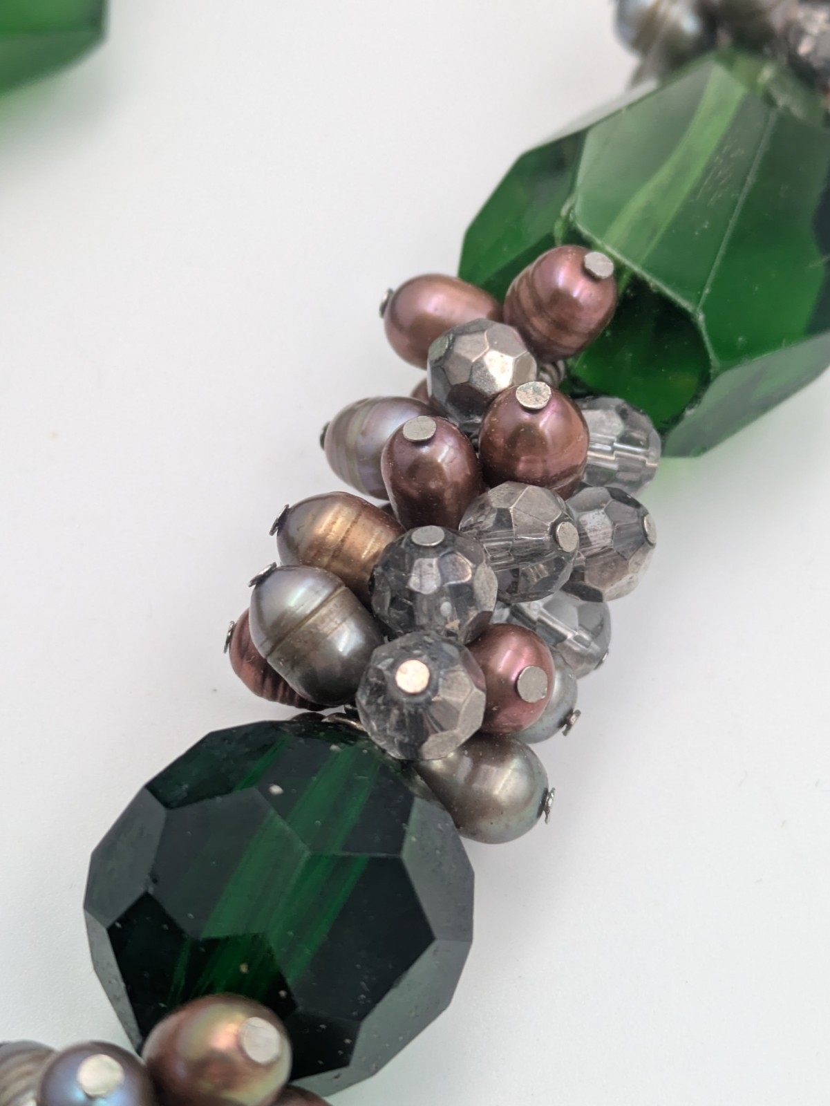 Vintage Genuine Pearl & Crystal Glass Cluster Green Acrylic Beaded Necklace 20″