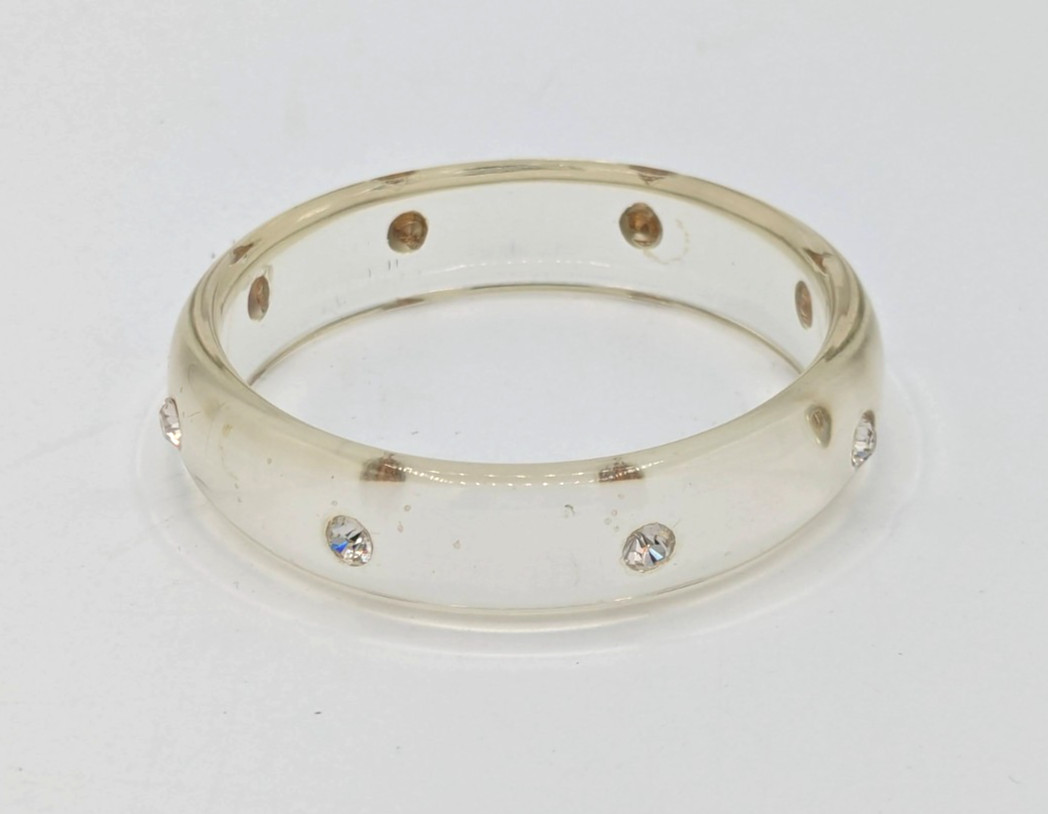 Vintage Clear Lucite Rhinestone Bangle Retro Bracelet Embedded Crystals MCM Mod