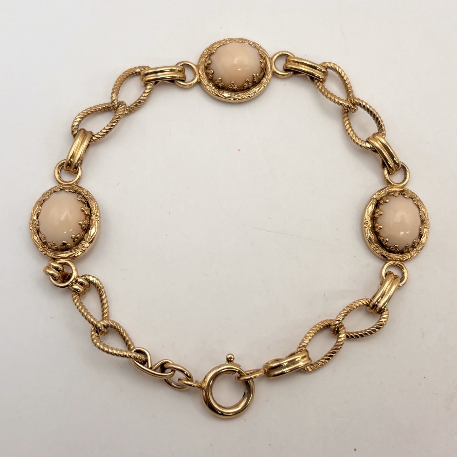 Gold Filled Angel Skin Coral Bracelet Pale Pink Cabochon Victorian Chain
