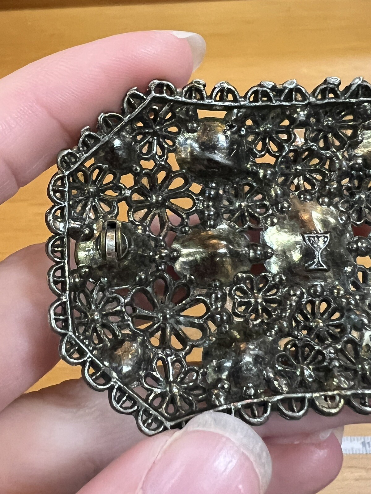 Vintage Signed NE New England Glass Works Rectangular Brooch Red Stone Floral