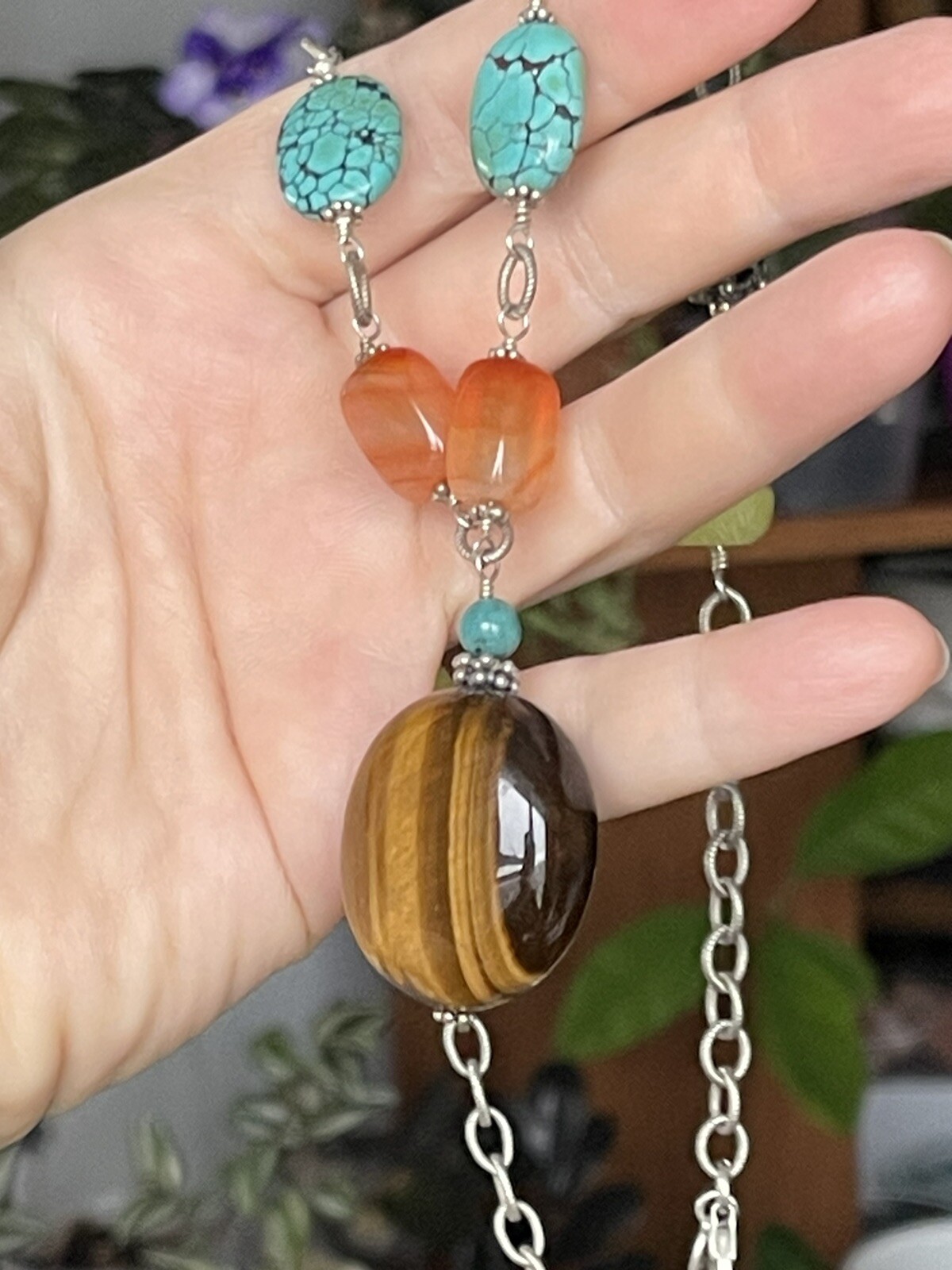 Sally C Treaures SX 925 Silver Multi Stones Tiger’s Eye Pendant Necklace