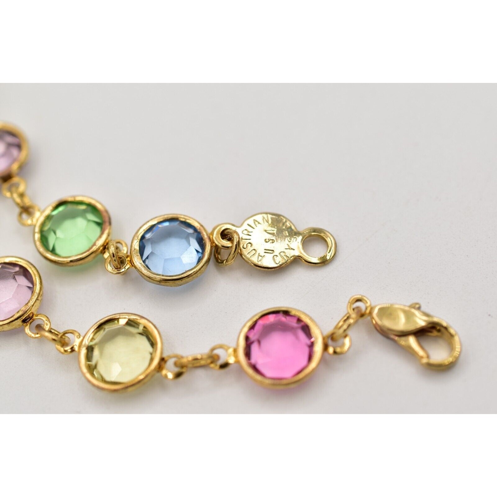 Austrian USA Vintage Crystal Chain Bracelet Open Bezel Gold Linked Signed BinAD
