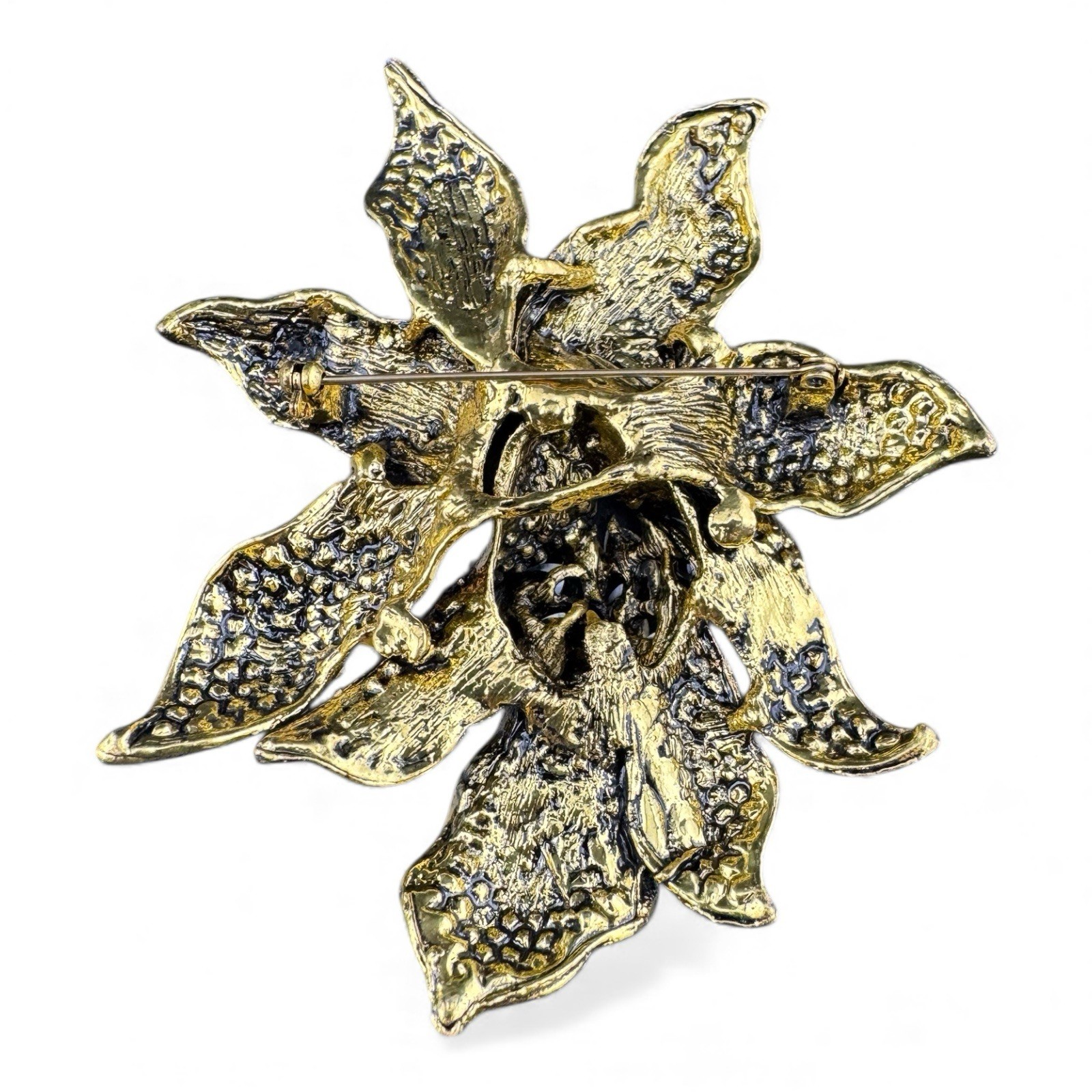 Stunning Gold Tone And Purple Orchid Statement Brooch