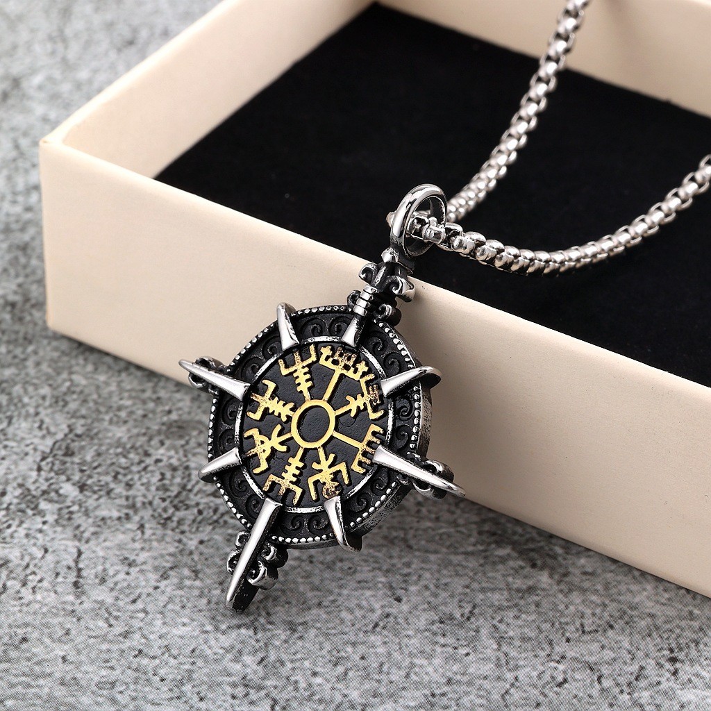 Stainless Steel Men’s Pendant Viking Compass Rune Necklace
