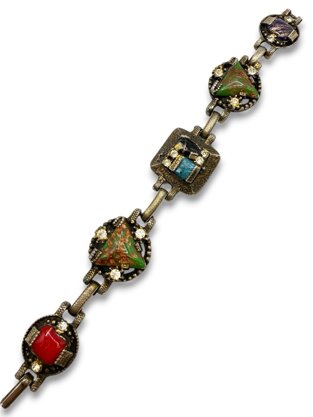 Vintage Maybe Unsigned Selro Art Glass Foiled Glass Link Bracelet