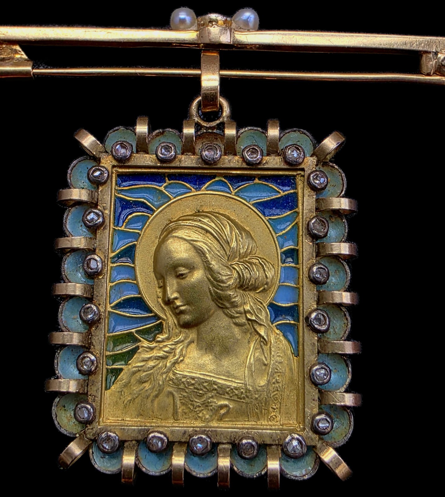 Fine Antique Art Deco 18K Gold Plique a Jour Virgin Mary Pendant Brooch C 1930