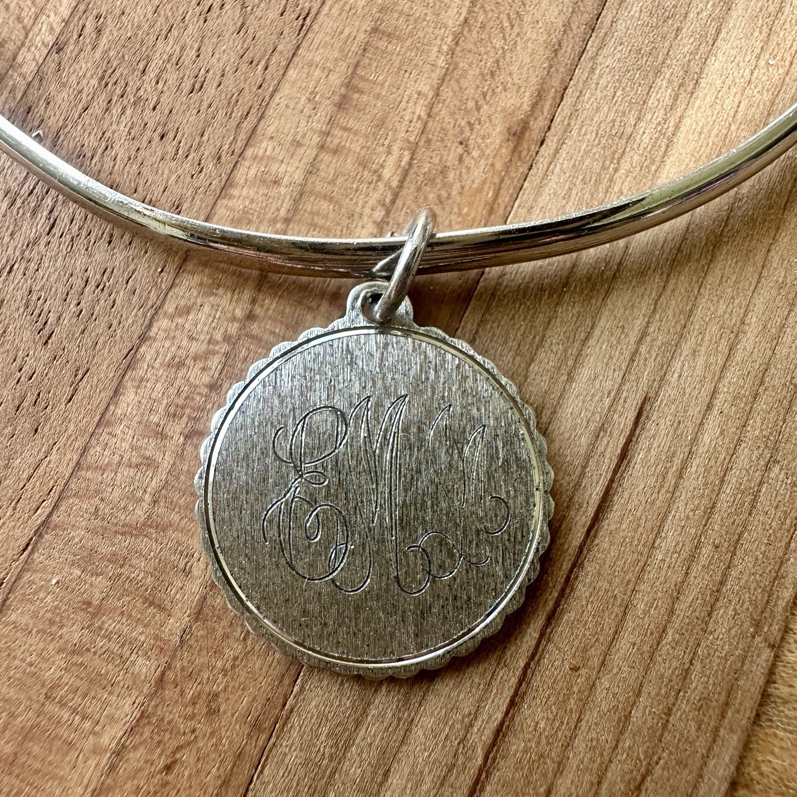 Vintage 1971 Bangle Bracelet 7.5 Inch Monogram EMM Charm 925 Sterling 10.4g
