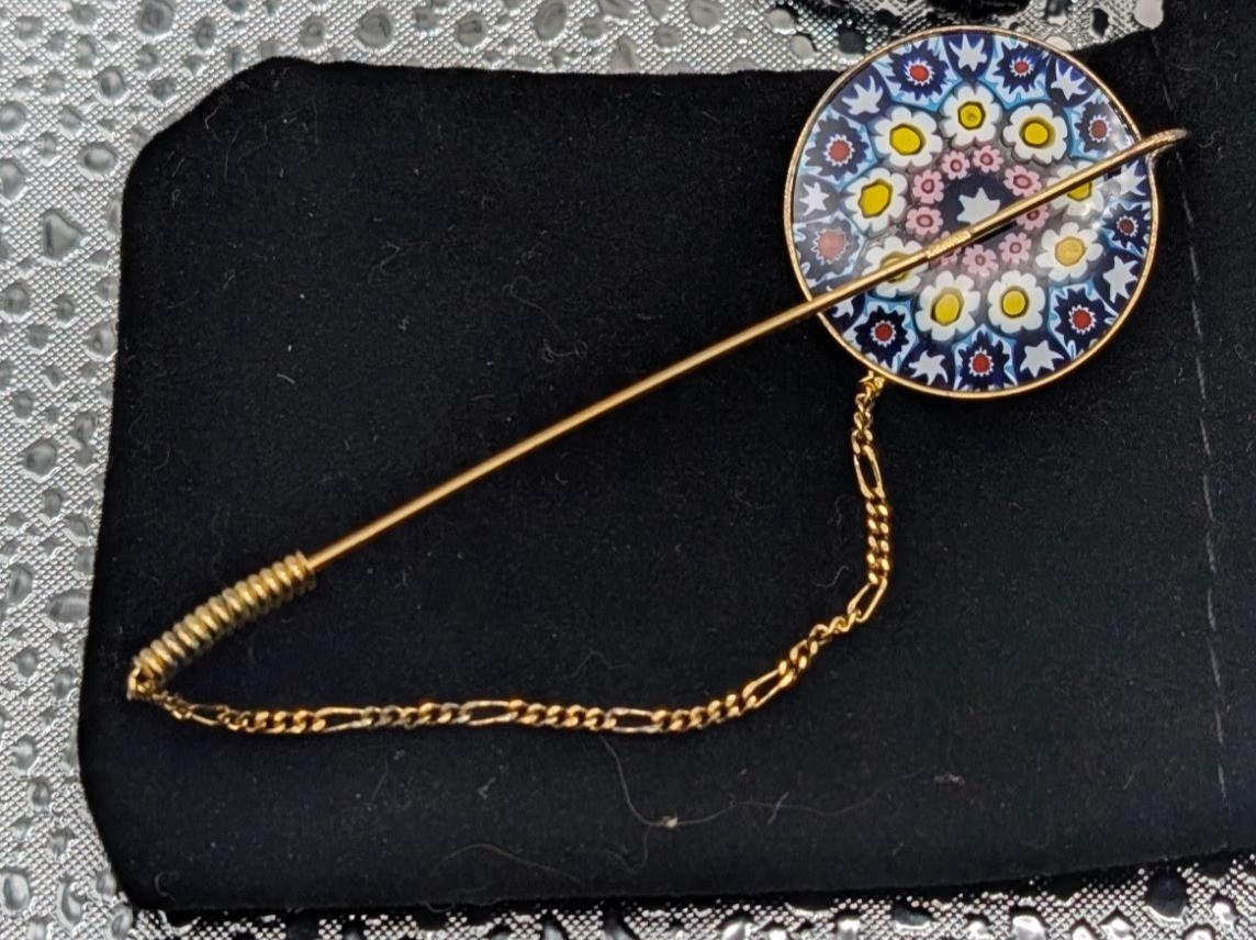 Vintage Italian Millefiori Glass Stick Pin With Gold-Tone Chain & Safety Clasp F