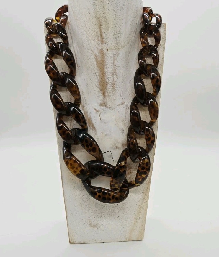 Faux TORTOISE SHELL Necklace WIDE Lucite Acrylic Chain Link Rings Graduated 23″