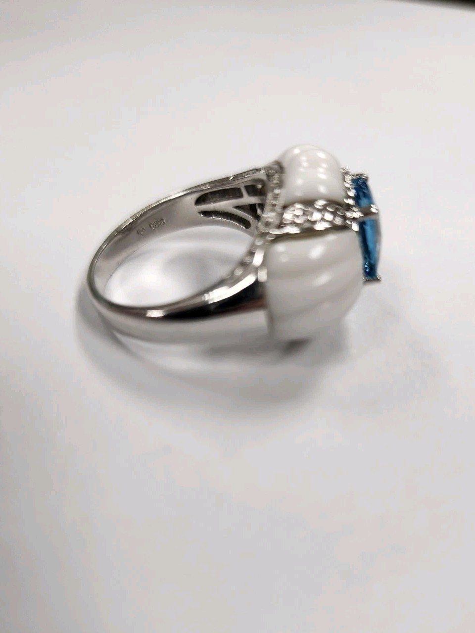 Unique Sterling Silver Ring w. Oval Blue Topaz Setting: White Howlite #3393