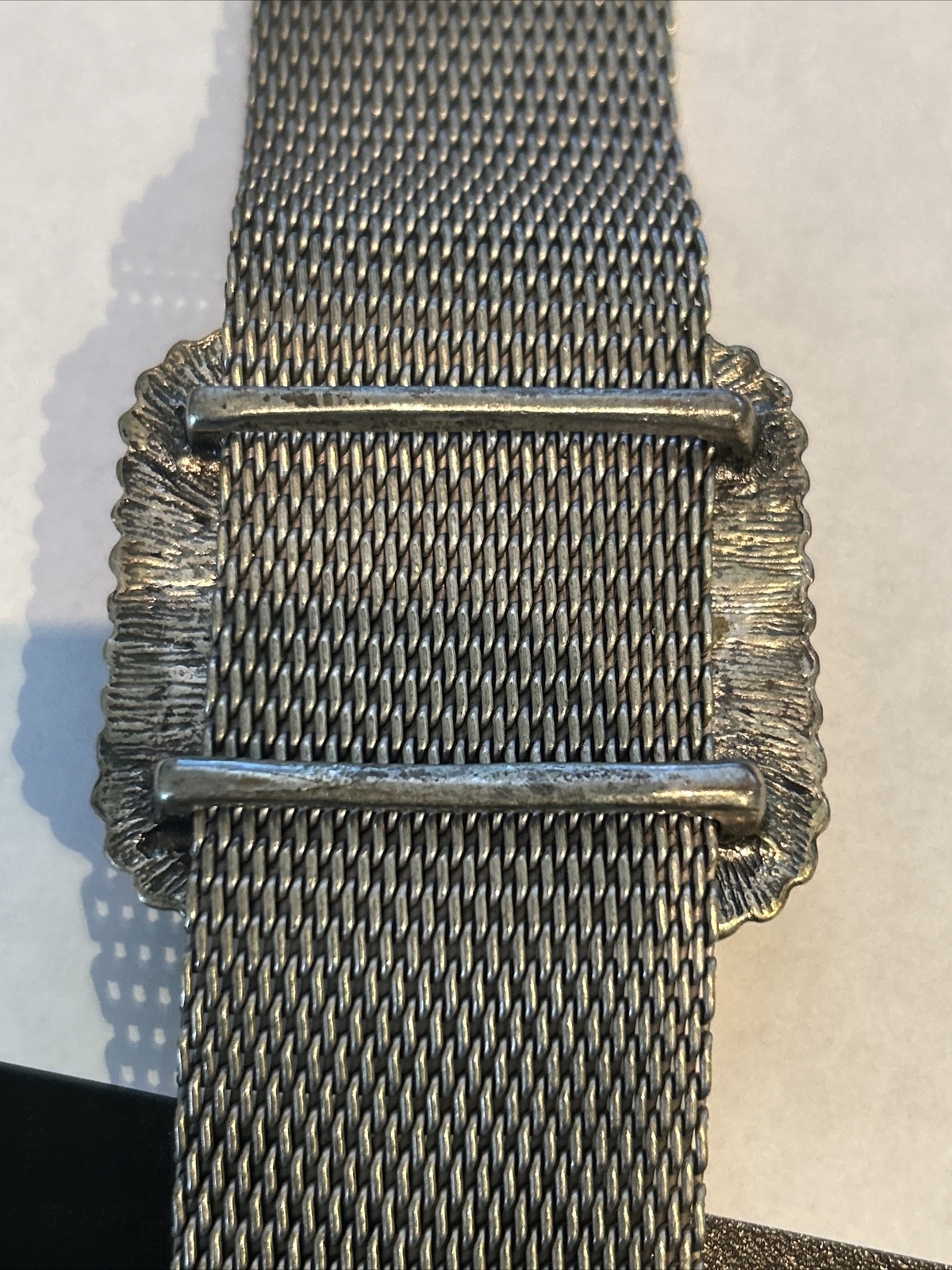Chunky Vintage Look Silver Tone With Black Central Stone Art Deco Mesh Bracelet