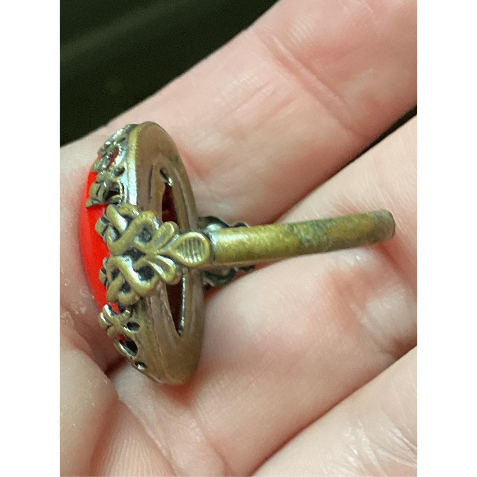 Vintage Red Coral Filigree Gold Tone Ring Size 7
