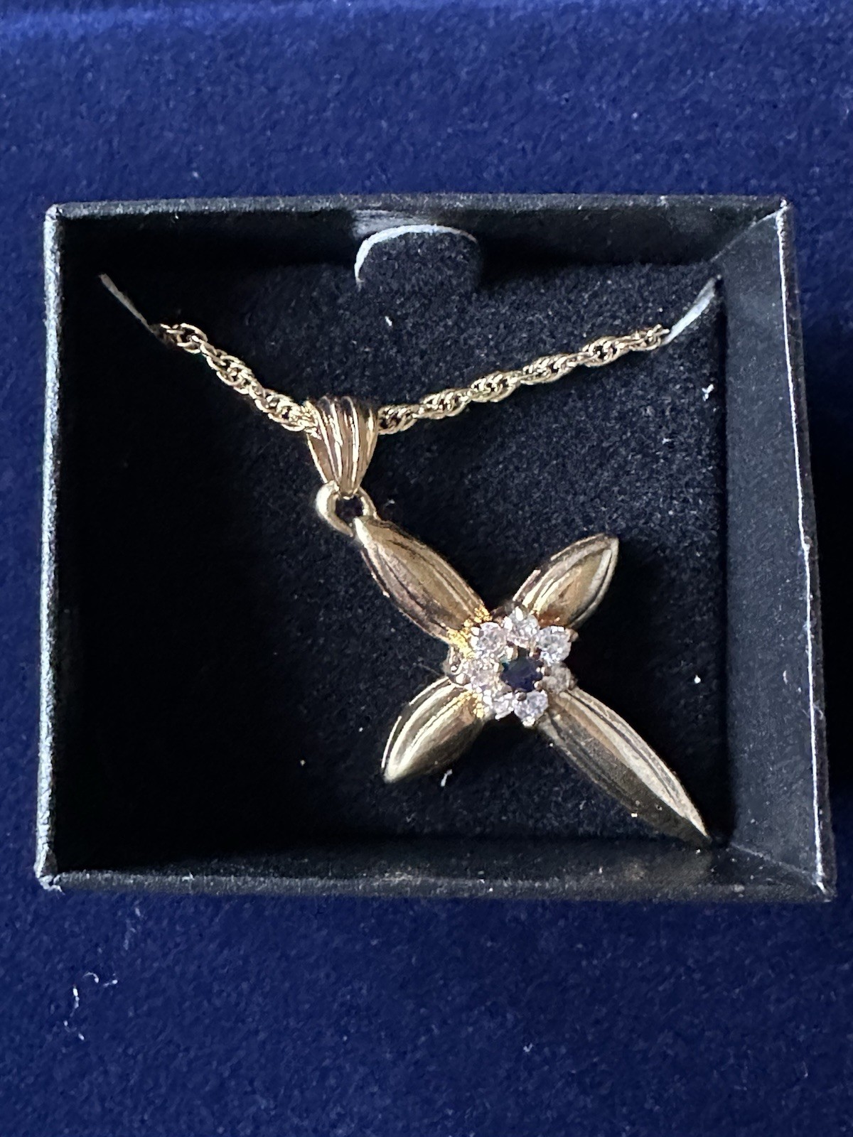 Vintage Gold Plated Cross Necklace Genuine Blue Sapphire CZ Korea Box Cert