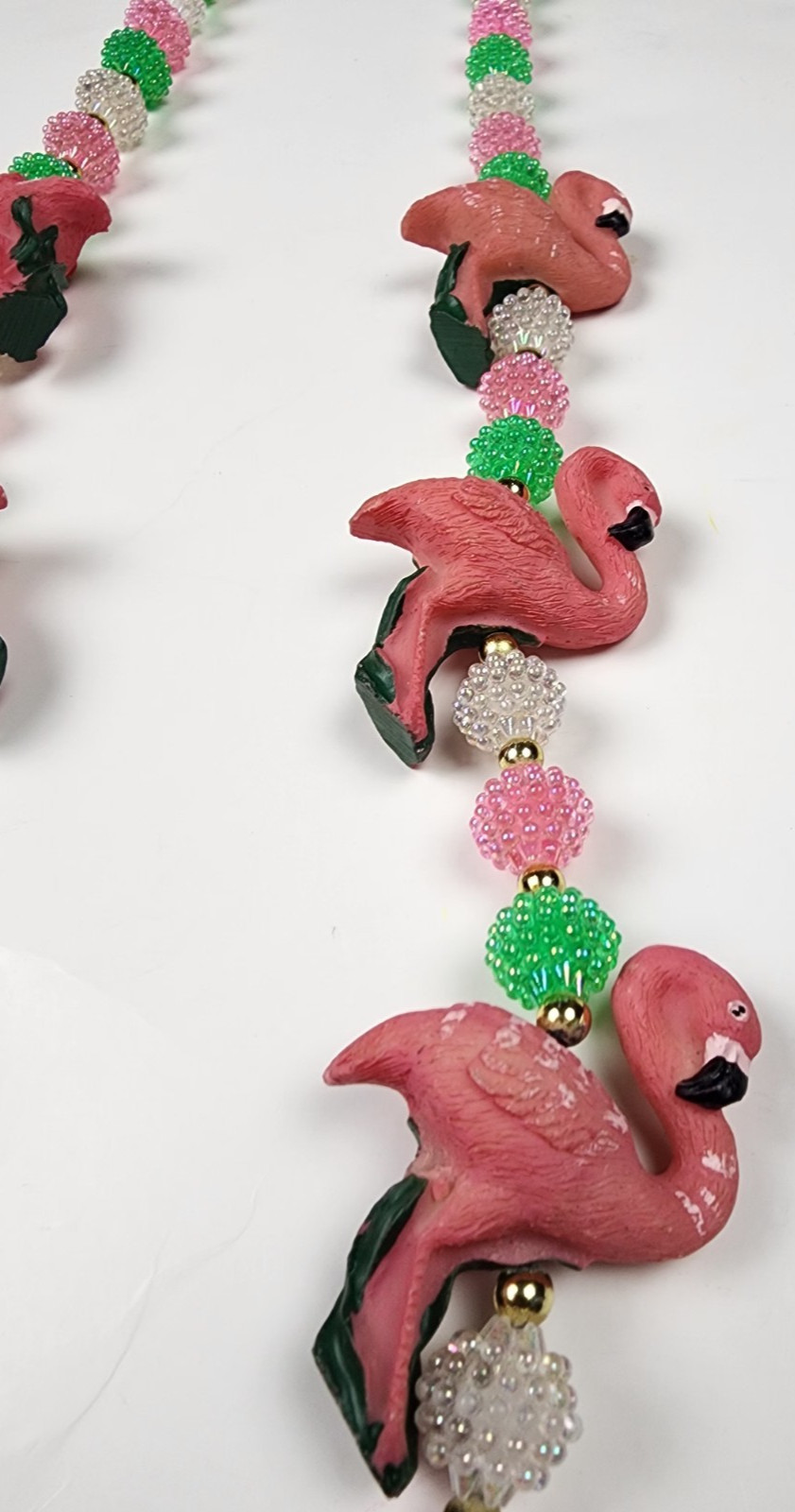 VTG Pastel Resin POPCORN Beaded Flamingo Necklace Pink Green FUN witty Wear