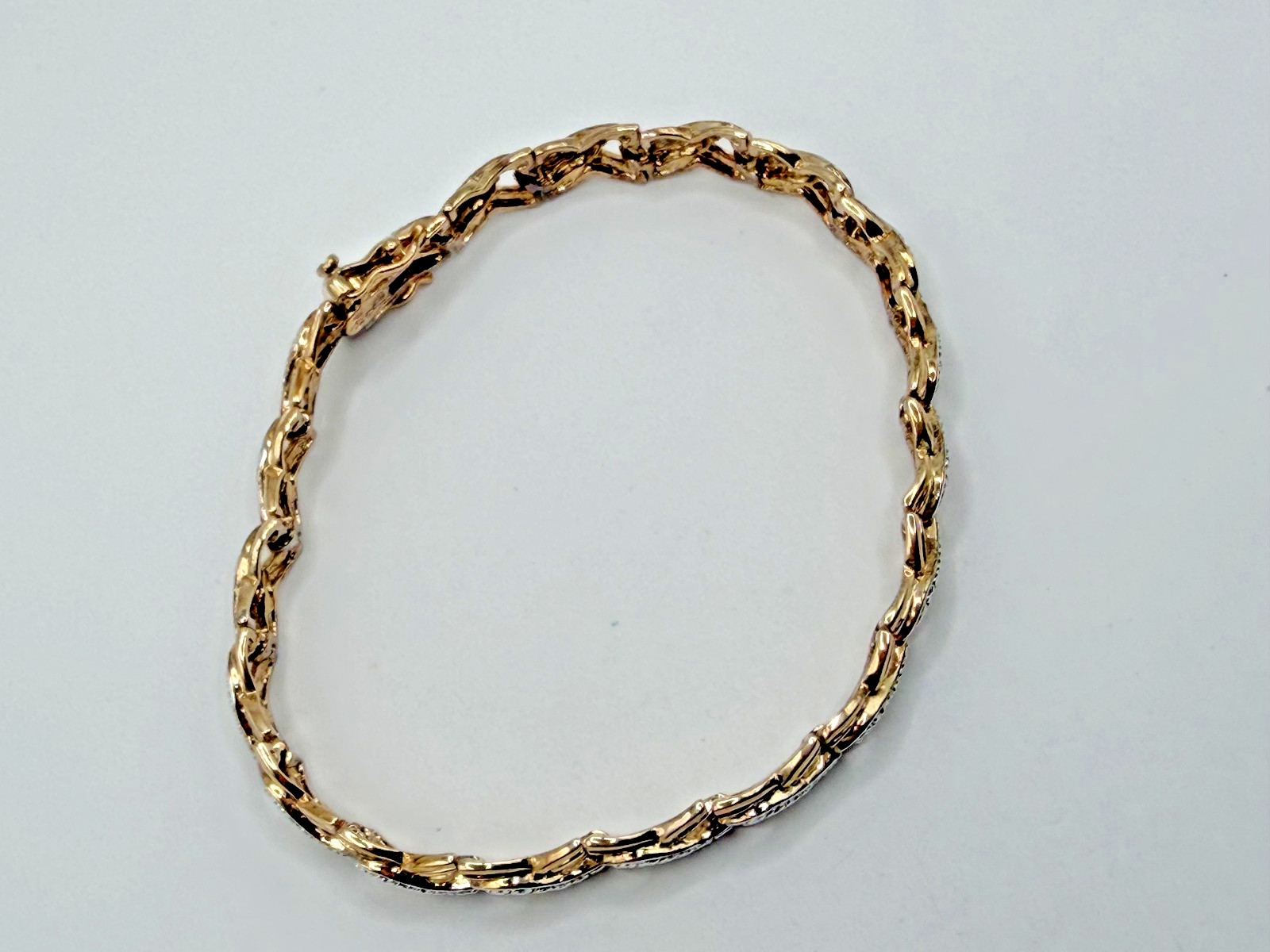 925 STERLING GOLD TWO TONE WAVE LINK BRACELET PAVE CRYSTAL ACCENTS BOX CLASP