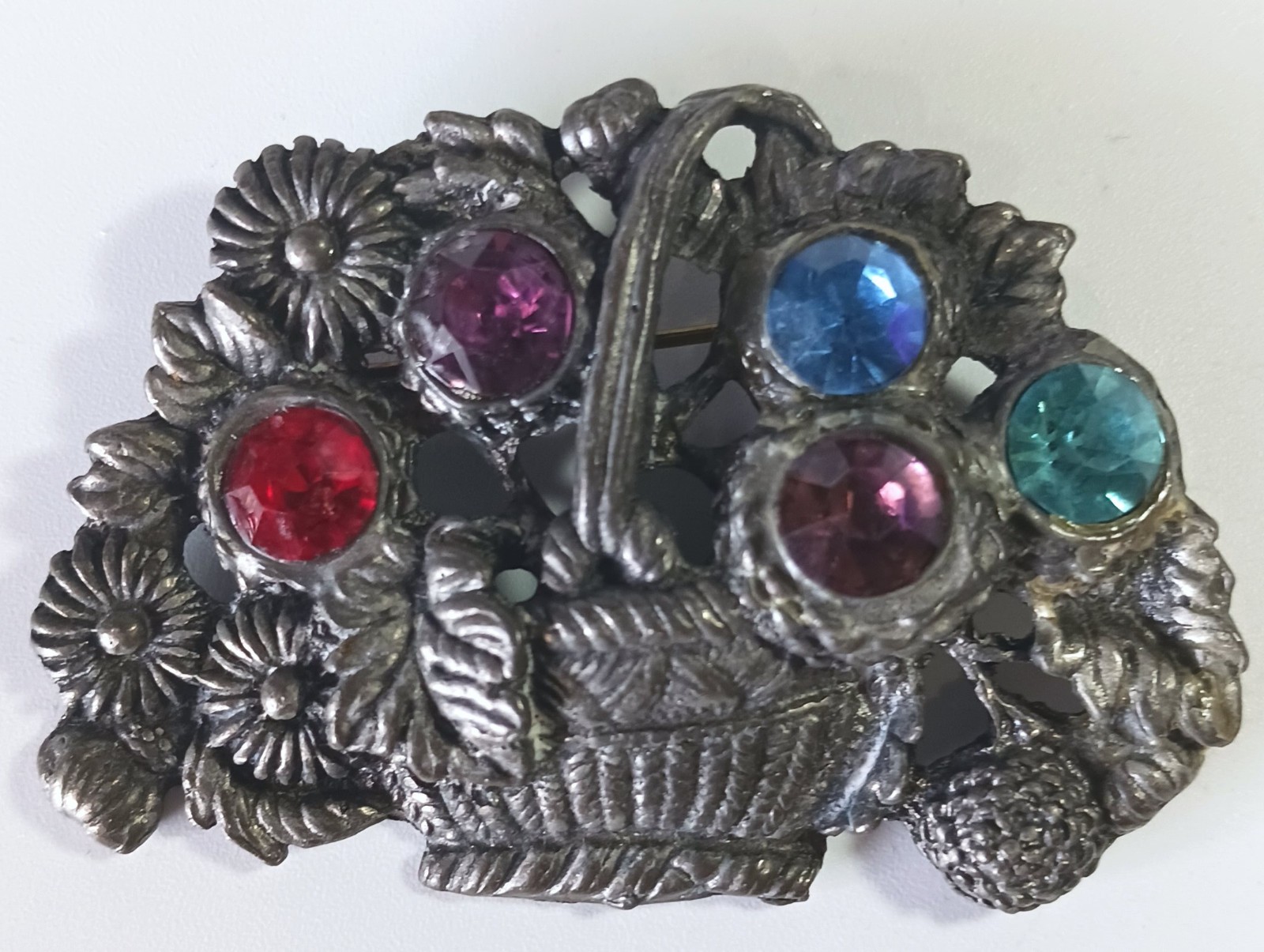 Vintage Dark Silver Flower Basket Brooch w Large Red, Purple, Blue Glass? Stones
