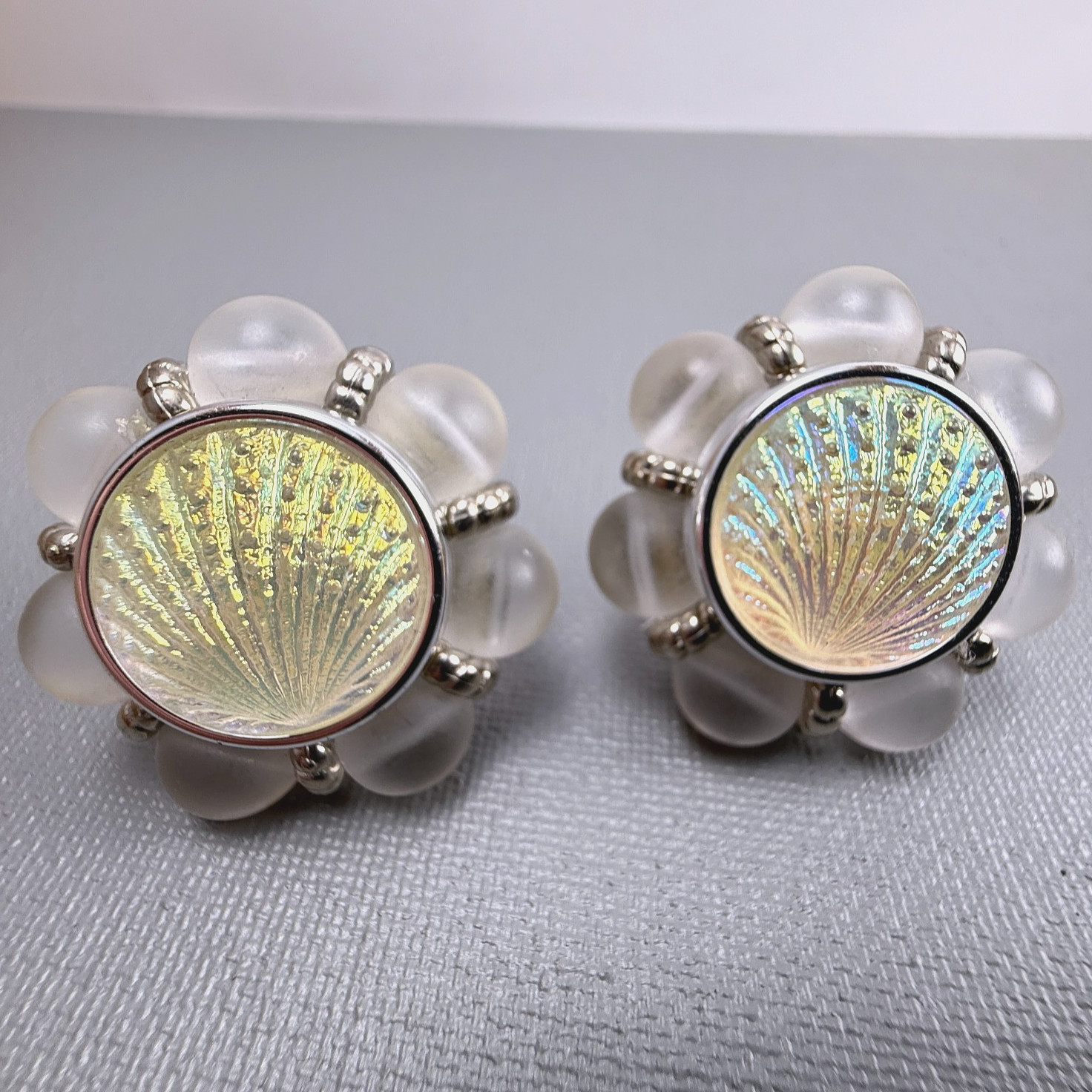 Vintage Acrylic Shell Clip On Earrings Iridescent Beach