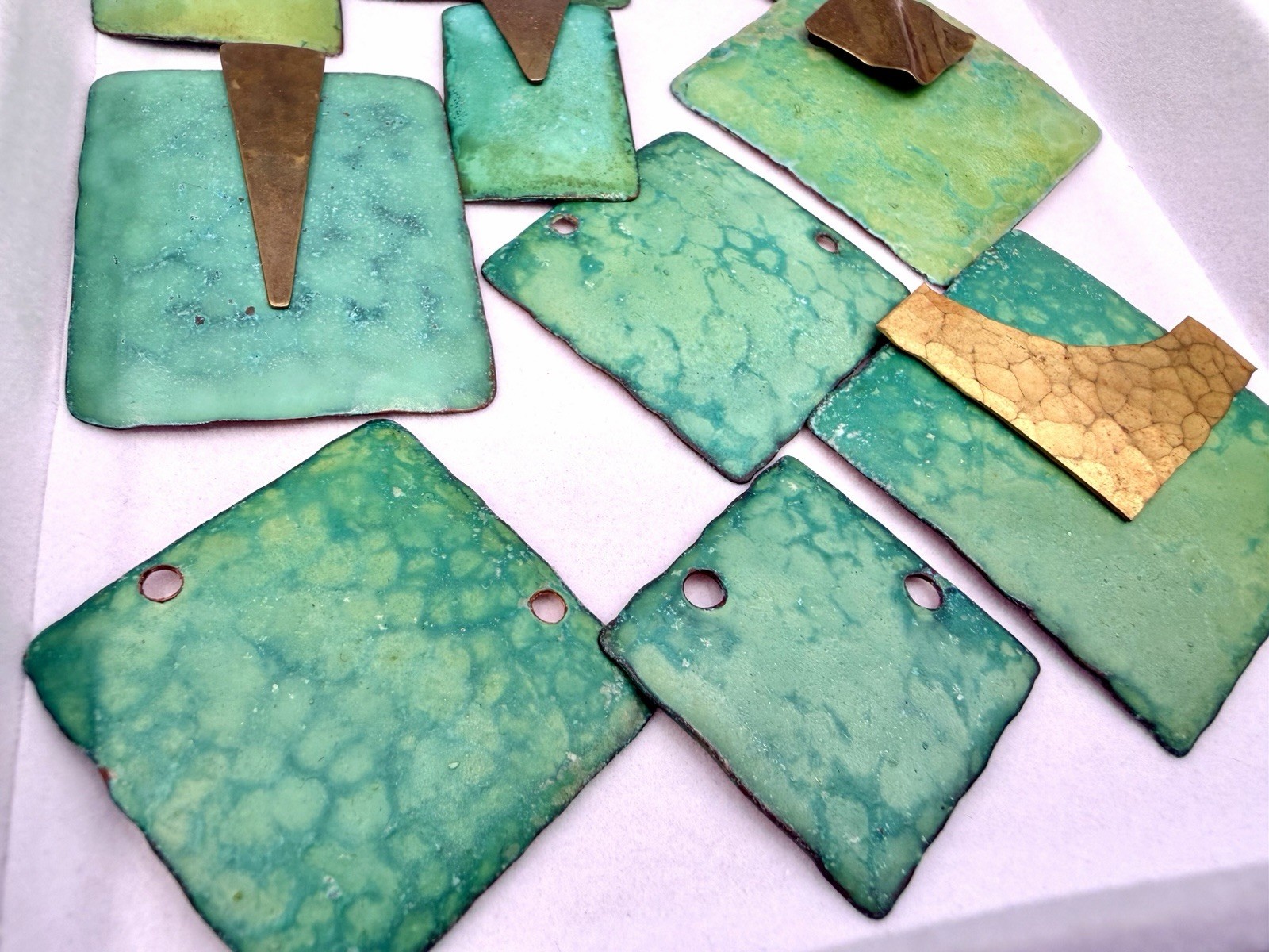 34 Pcs Vintage Handmade Hammered Brass Copper Layered Enamel Green Findings