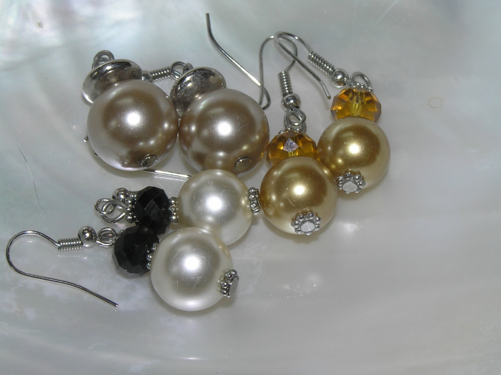 Estate Lot of 3 Faux White Gold & Champagne Pearl Bead Dangle Earrings