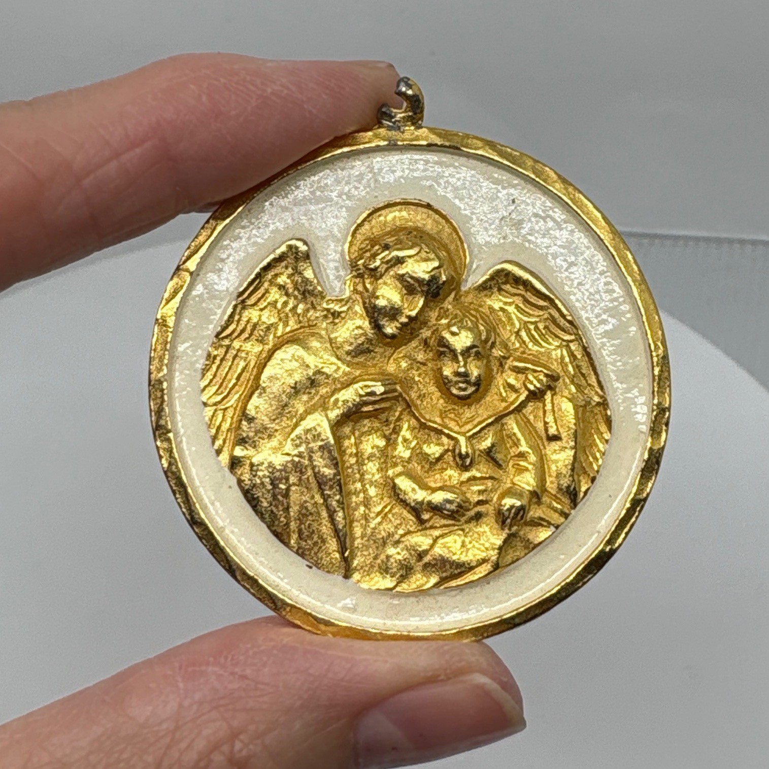 Vintage Angel Guardian Child Gold Tone Religious Medal Pendant Charm Heavy *read