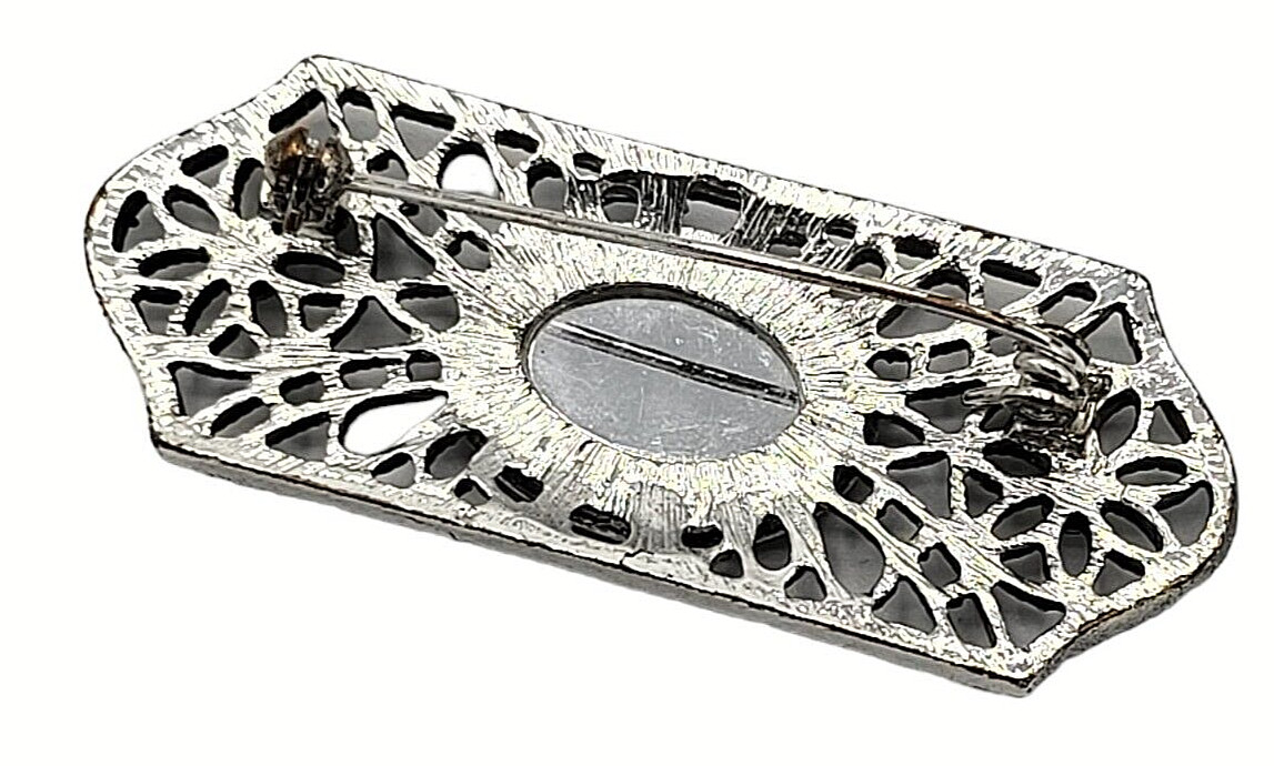 Filigree Center Bar Pin Brooch Silver Tone Blue Crystal Acrylic Floral Design