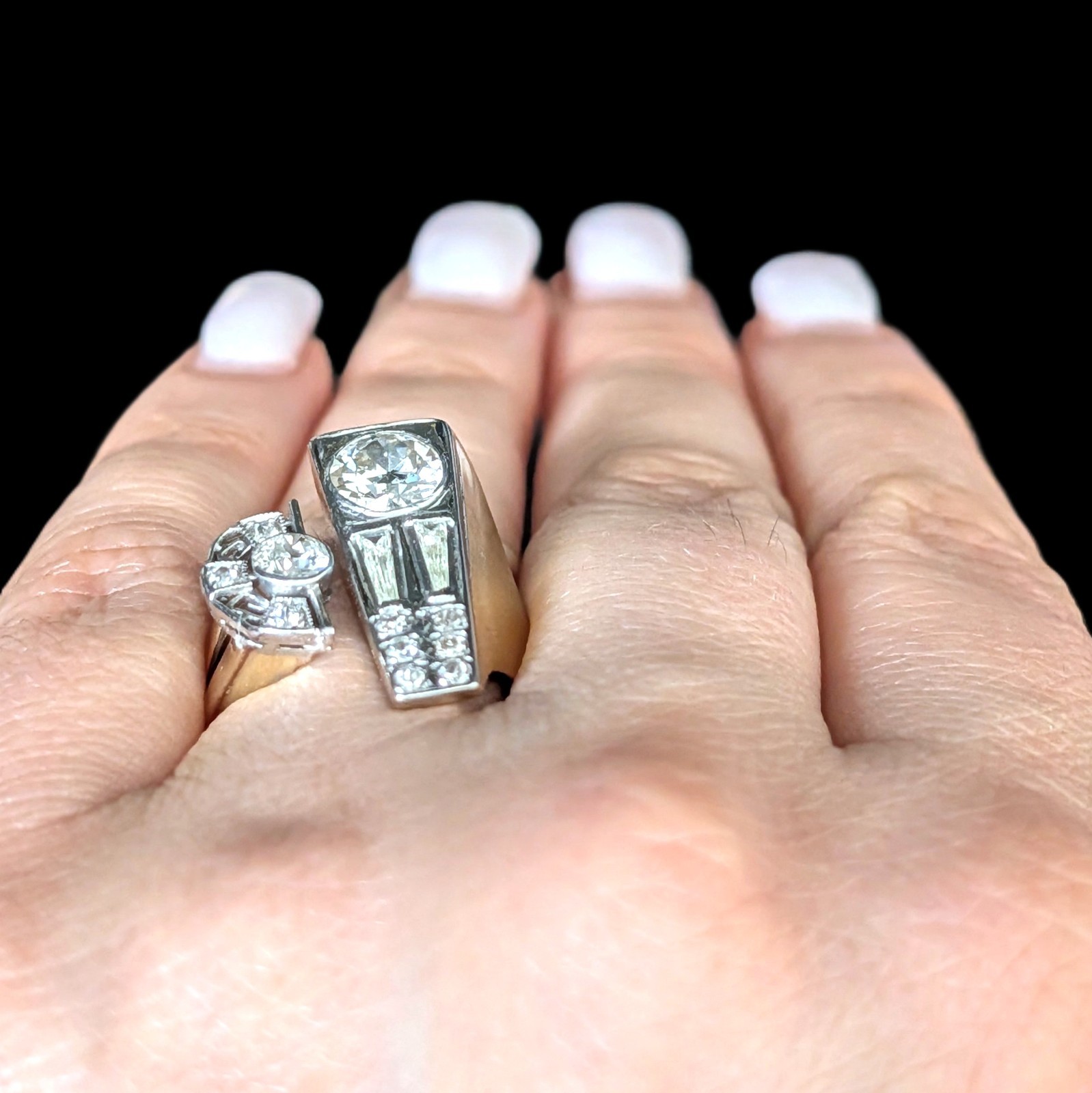 1940s Old European Cut Diamonds 14k Gold Platinum Cocktail Ring Vintage Retro