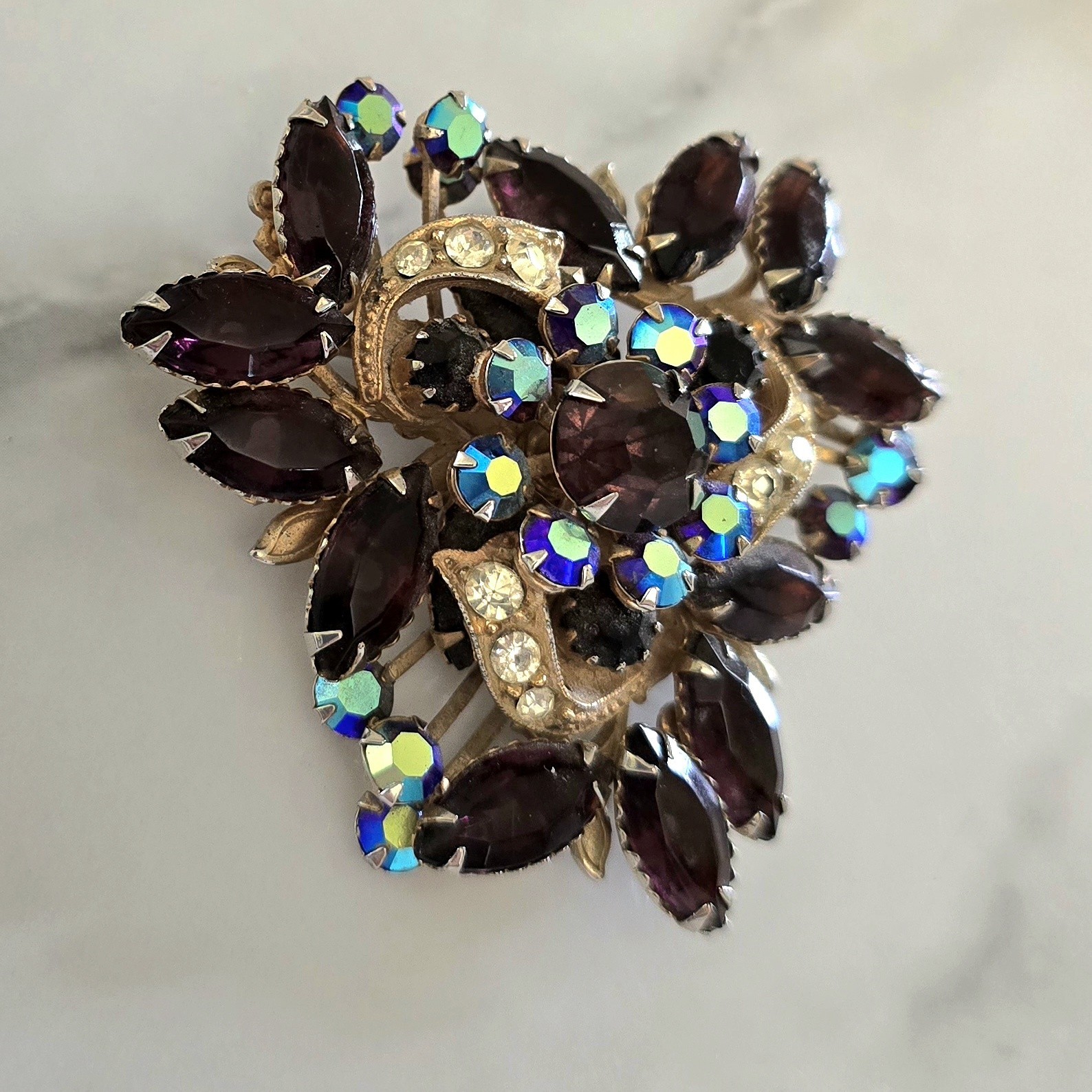 Vintage Purple And AB Blue Rhinestone Brooch